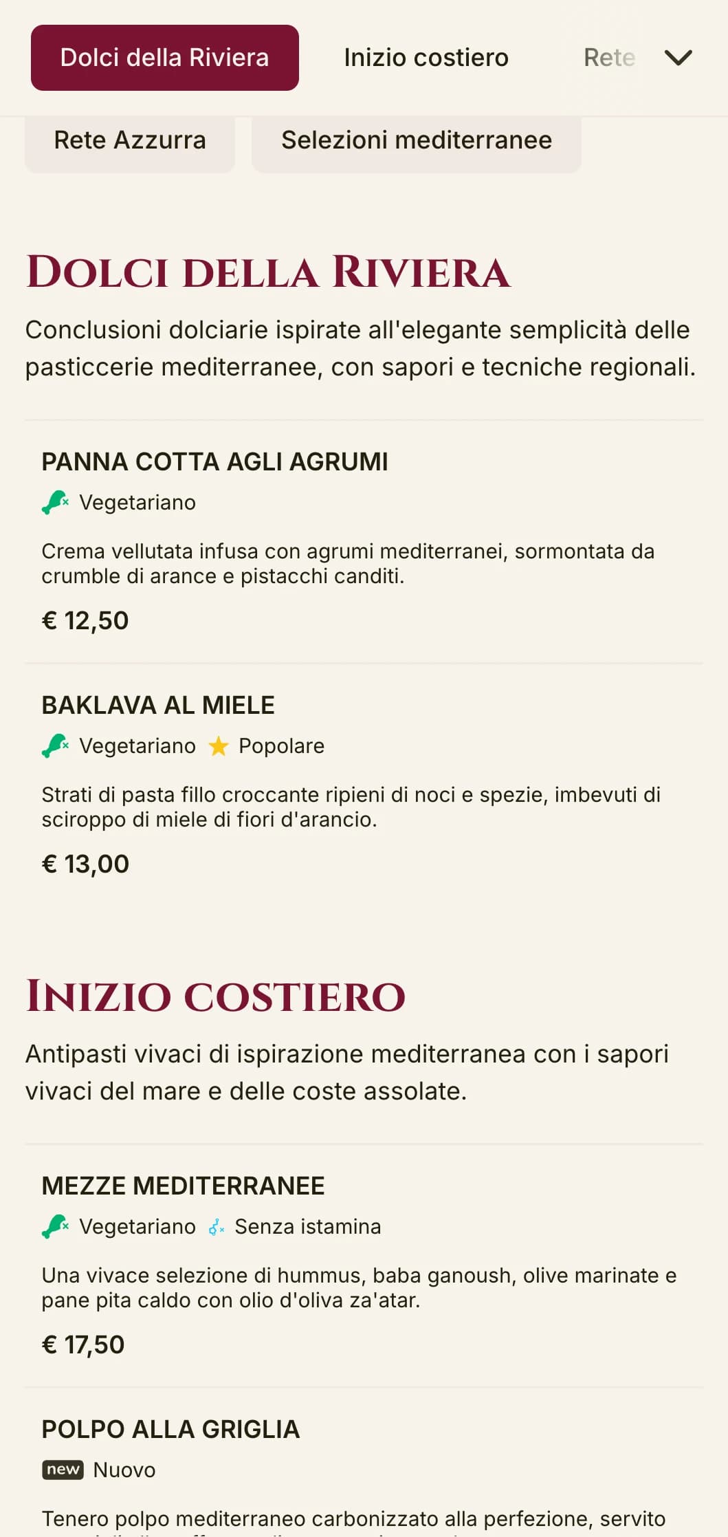 Un menu per il pranzo di ispirazione mediterranea, con accenti vivaci e un layout elegante, perfetto per i ristoranti di lusso in riva al mare e per i luoghi di villeggiatura.
