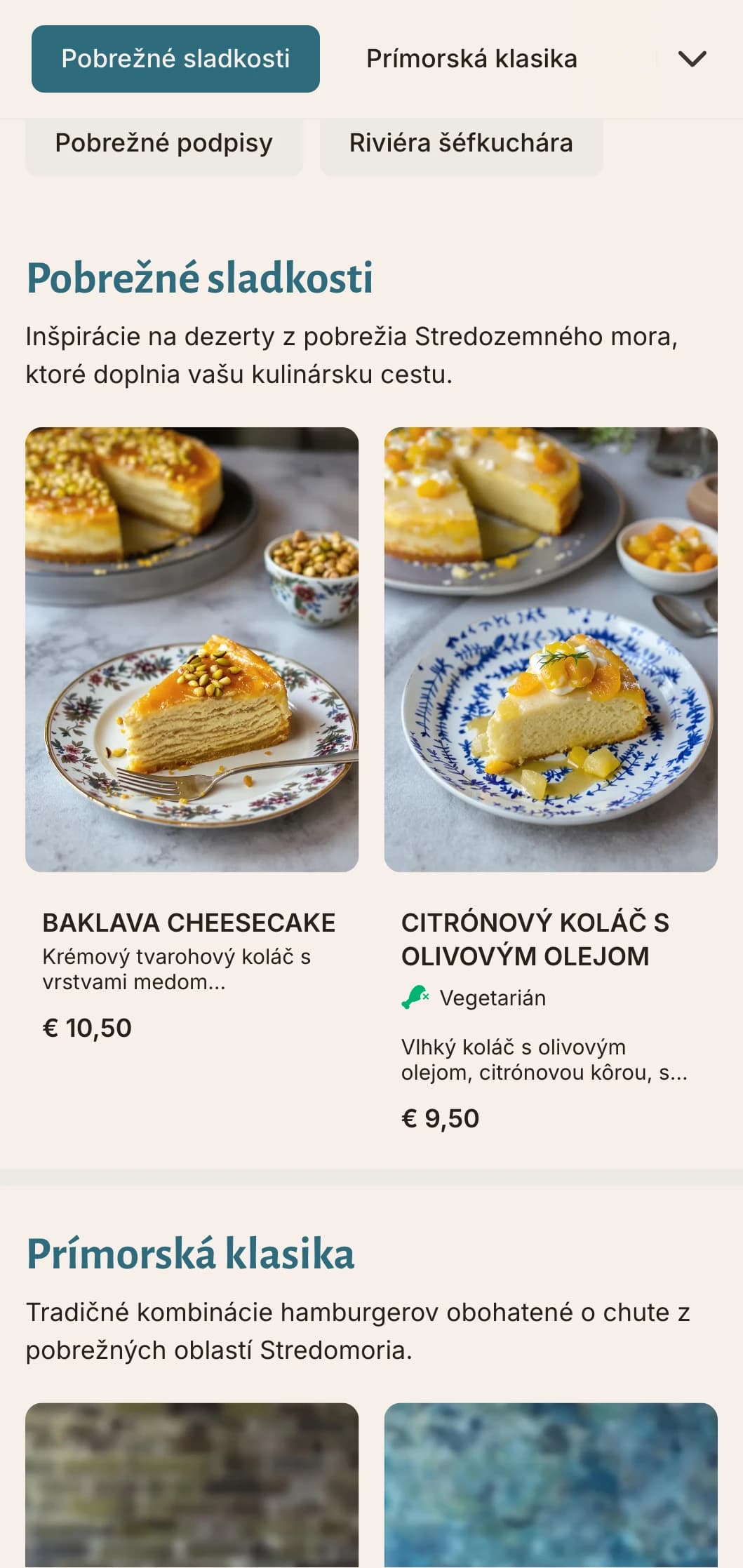 Ponuka hamburgerov inšpirovaná pobrežím so stredomorskými modrými akcentmi a zameraním na čerstvé suroviny.