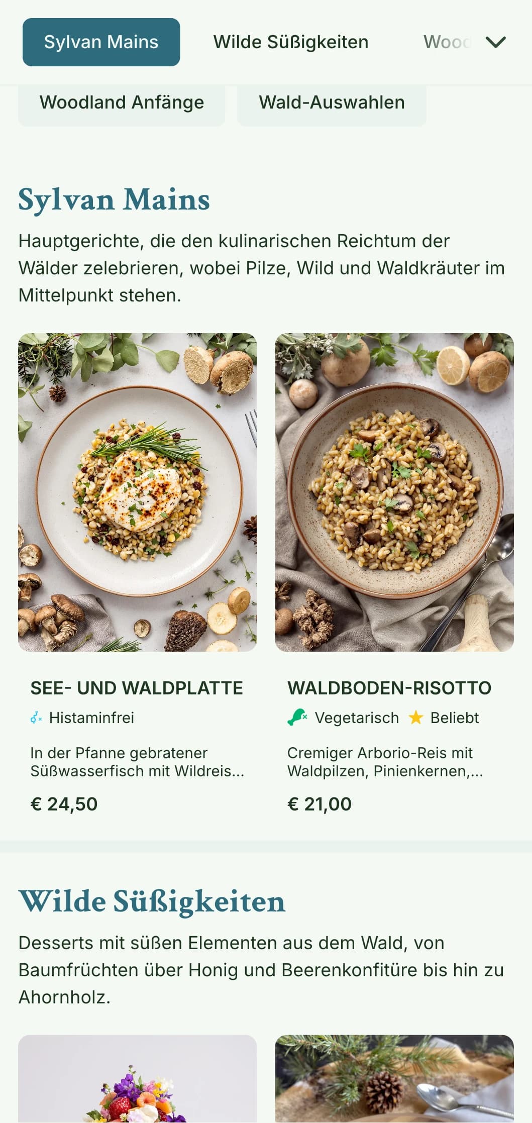 Ruhiges, vom Wald inspiriertes Design für die Mittagskarte mit organischen Strukturen und Erdtönen, perfekt für Restaurants in der Nähe von Naturlandschaften und Parks.