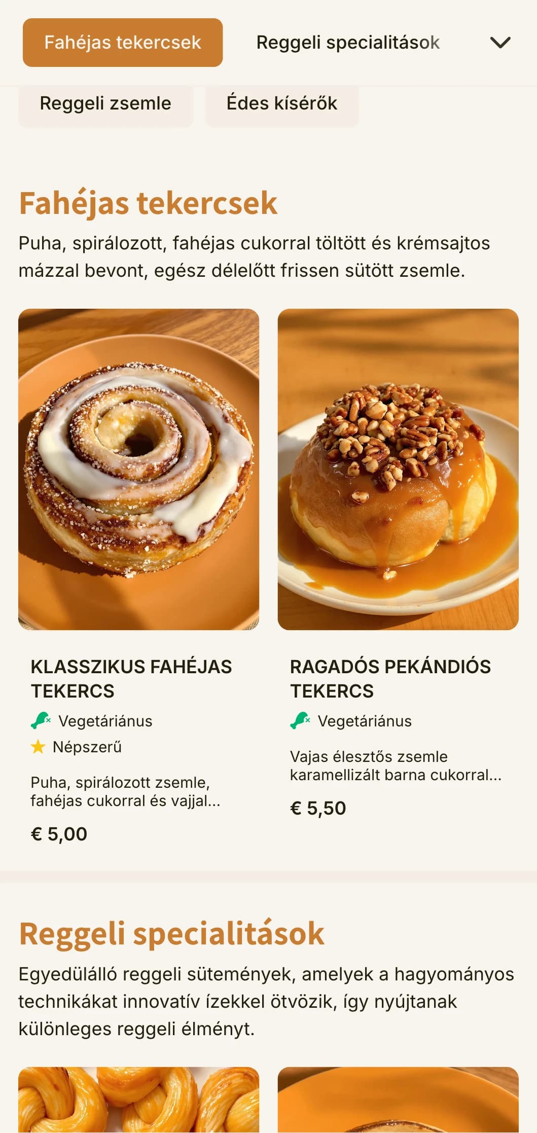 Meleg, hívogató pékségi menüterv narancsos-barna tónusokkal és barátságos tipográfiával, amely tökéletes a fahéjas tekercses boltok és a reggeli sütemények specialistái számára.