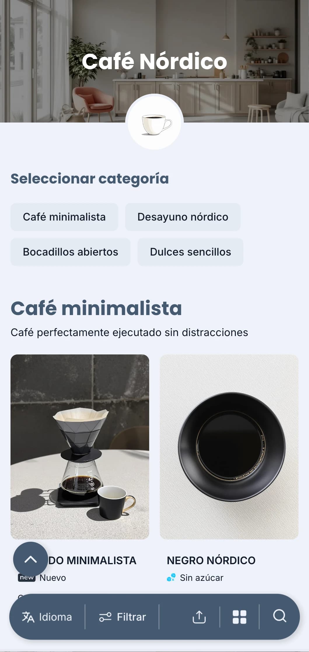 Diseño limpio de inspiración escandinava con fríos tonos azules para cafeterías minimalistas modernas.