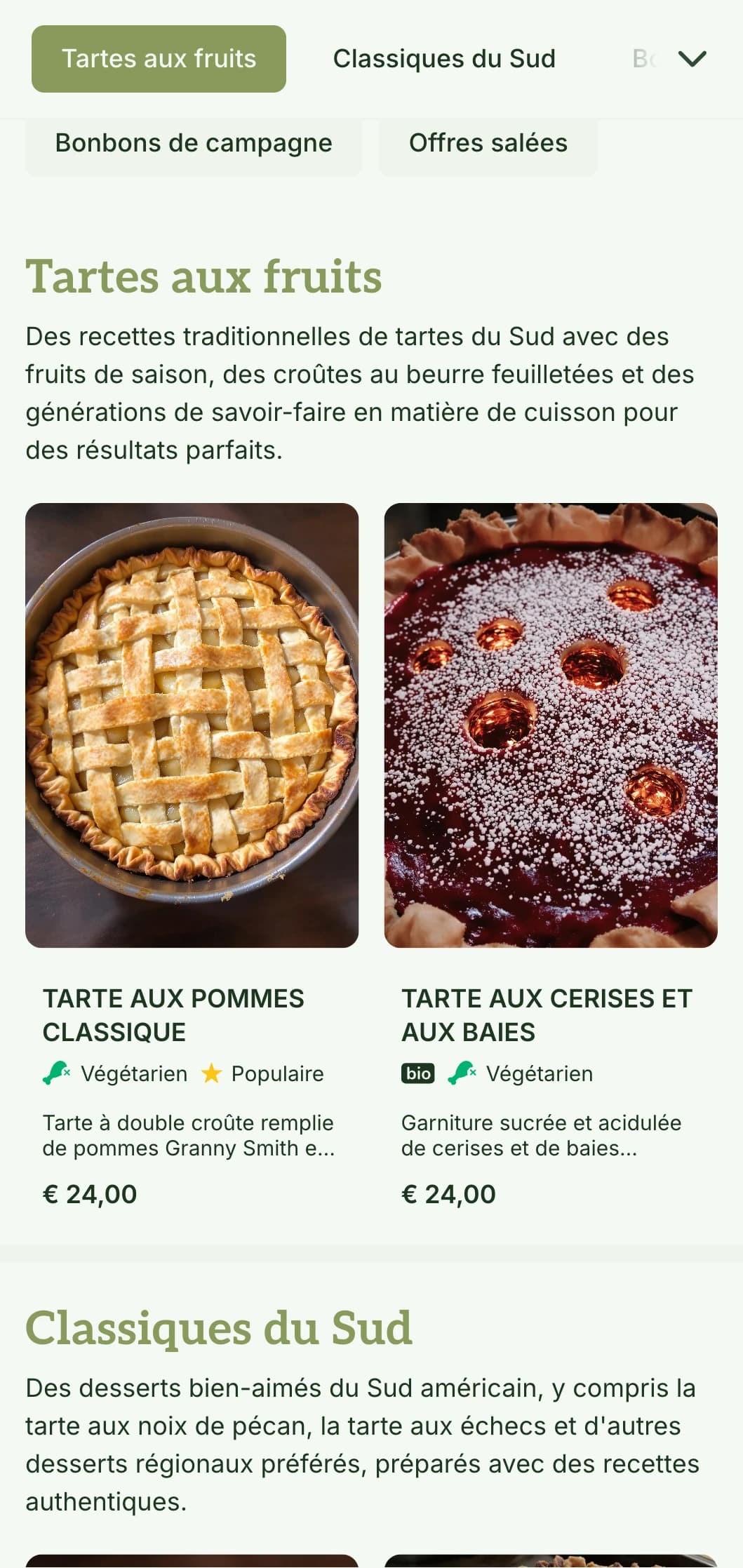 Un menu de boulangerie chaleureux, d'inspiration méridionale, avec des tons olive et une typographie traditionnelle, parfait pour les pâtisseries et les boulangeries de style méridional.