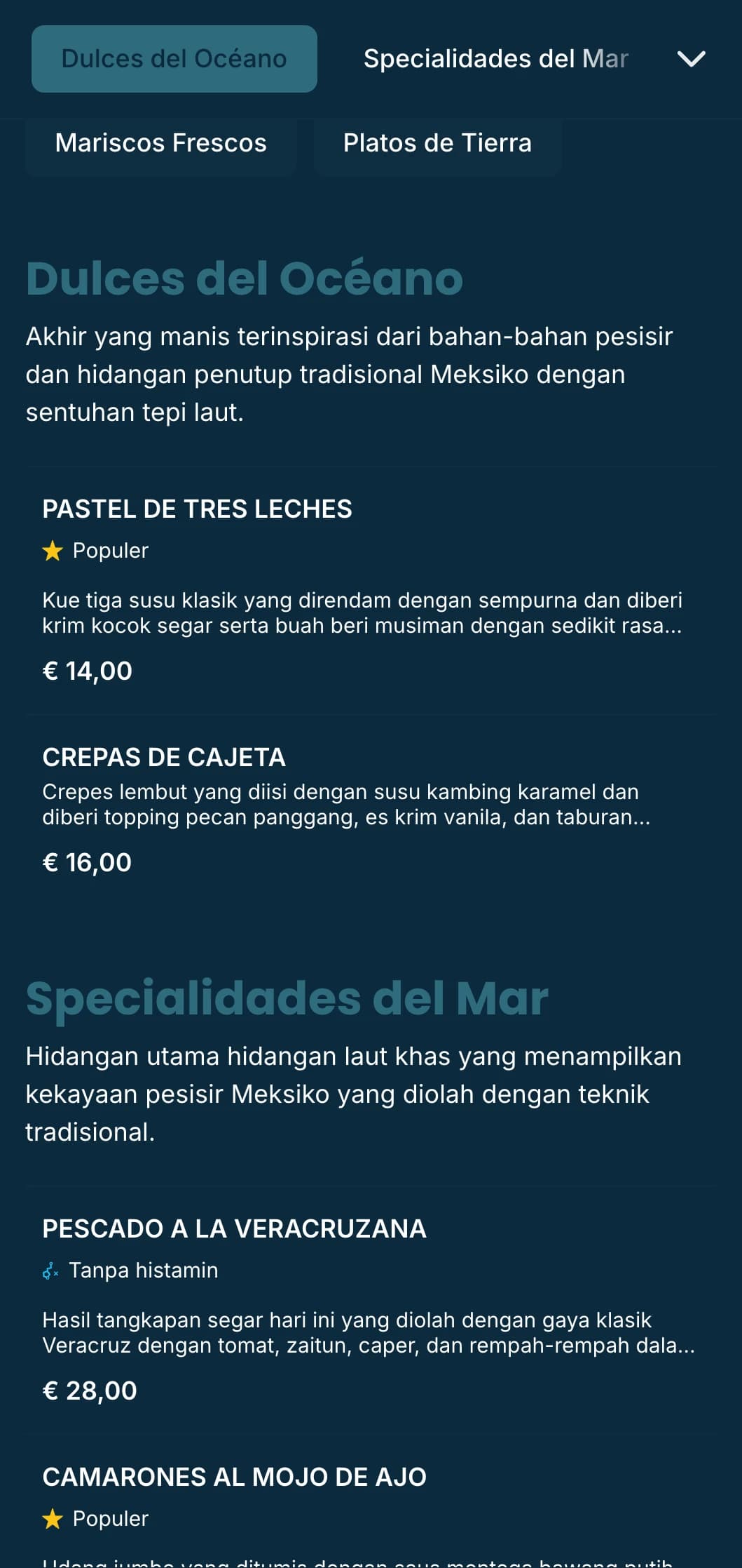 Desain menu Meksiko pesisir yang segar dan berangin menampilkan hidangan khas seafood dengan aksen biru laut, pola ombak yang halus, dan suasana tepi pantai.