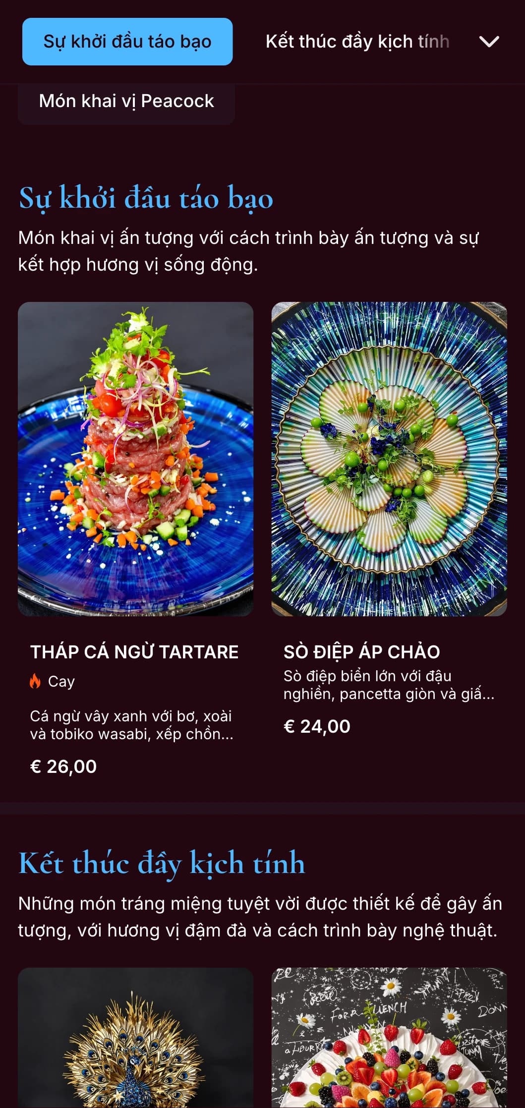 Thực đơn tối màu xanh lam nổi bật với tông màu trang sức phong phú và phong cách ấn tượng, được thiết kế cho các nhà hàng có cá tính táo bạo.