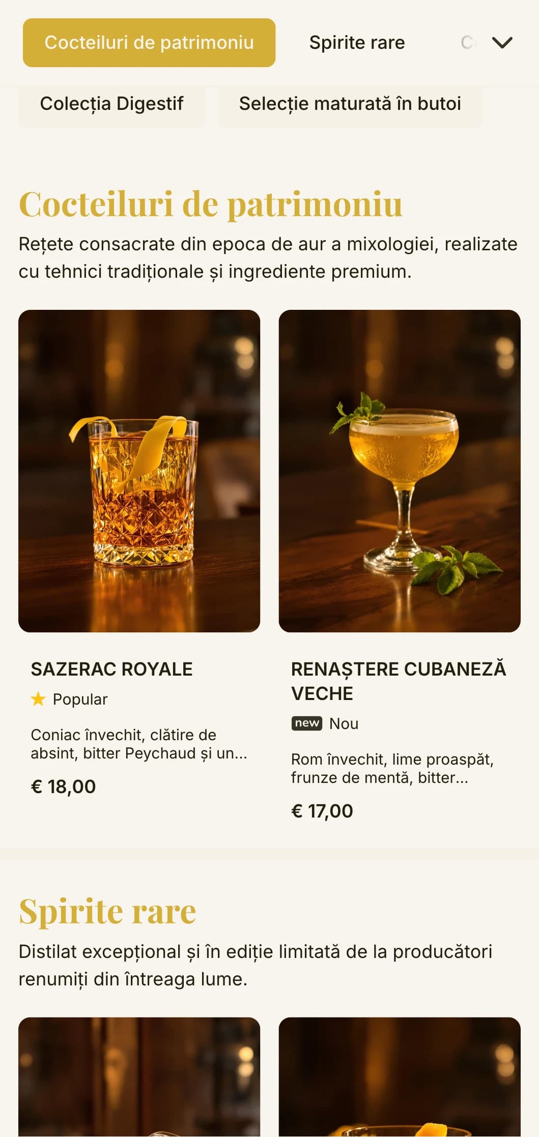 Un design clasic de meniu de bar care evocă epoca de aur a cocktailurilor, cu tipografie vintage și accente aurii elegante pe un fundal crem.