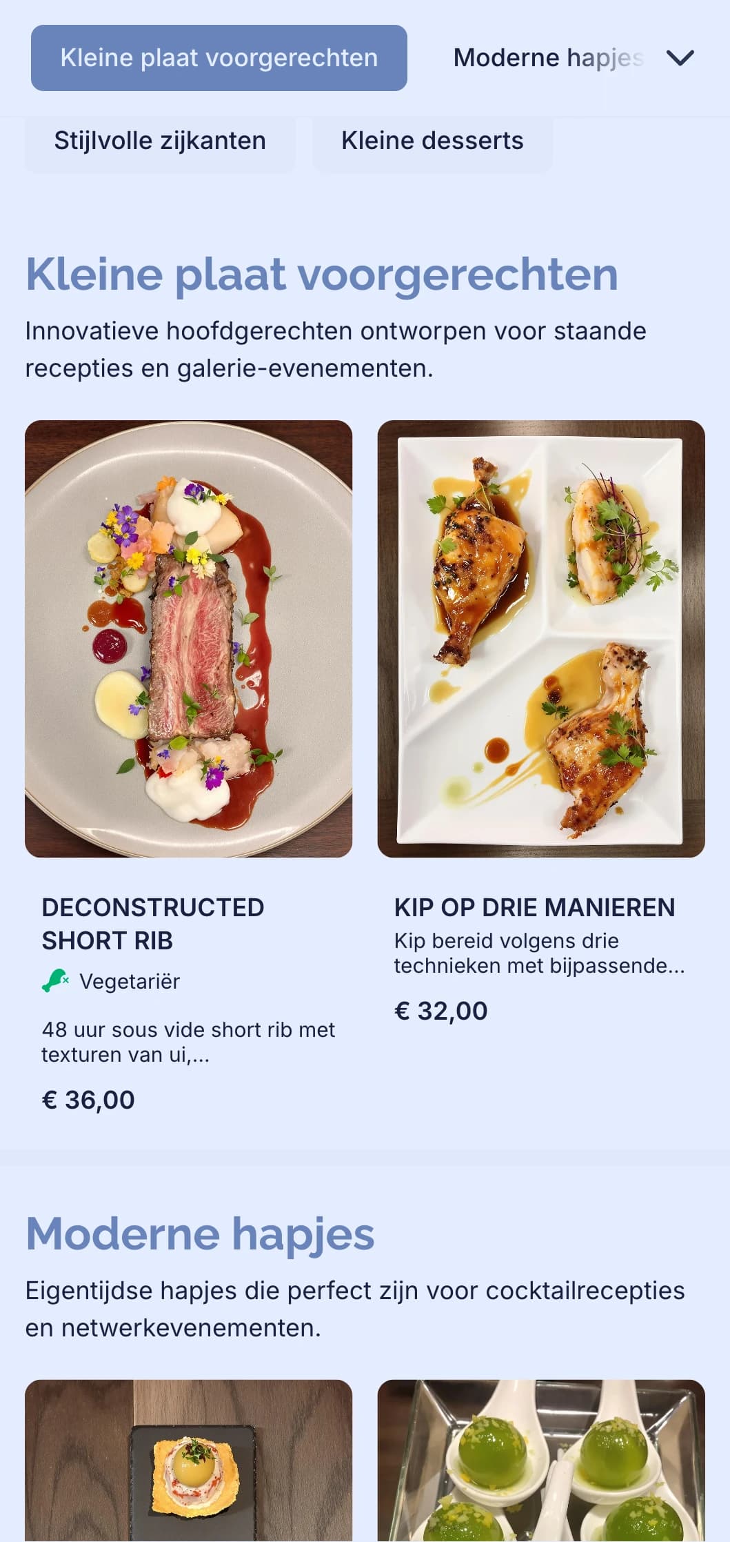 Stijlvolle moderne catering voor cocktailevenementen met innovatieve canapes, kleine hapjes en eigentijdse presentatie voor netwerkevenementen en galerie-openingen.