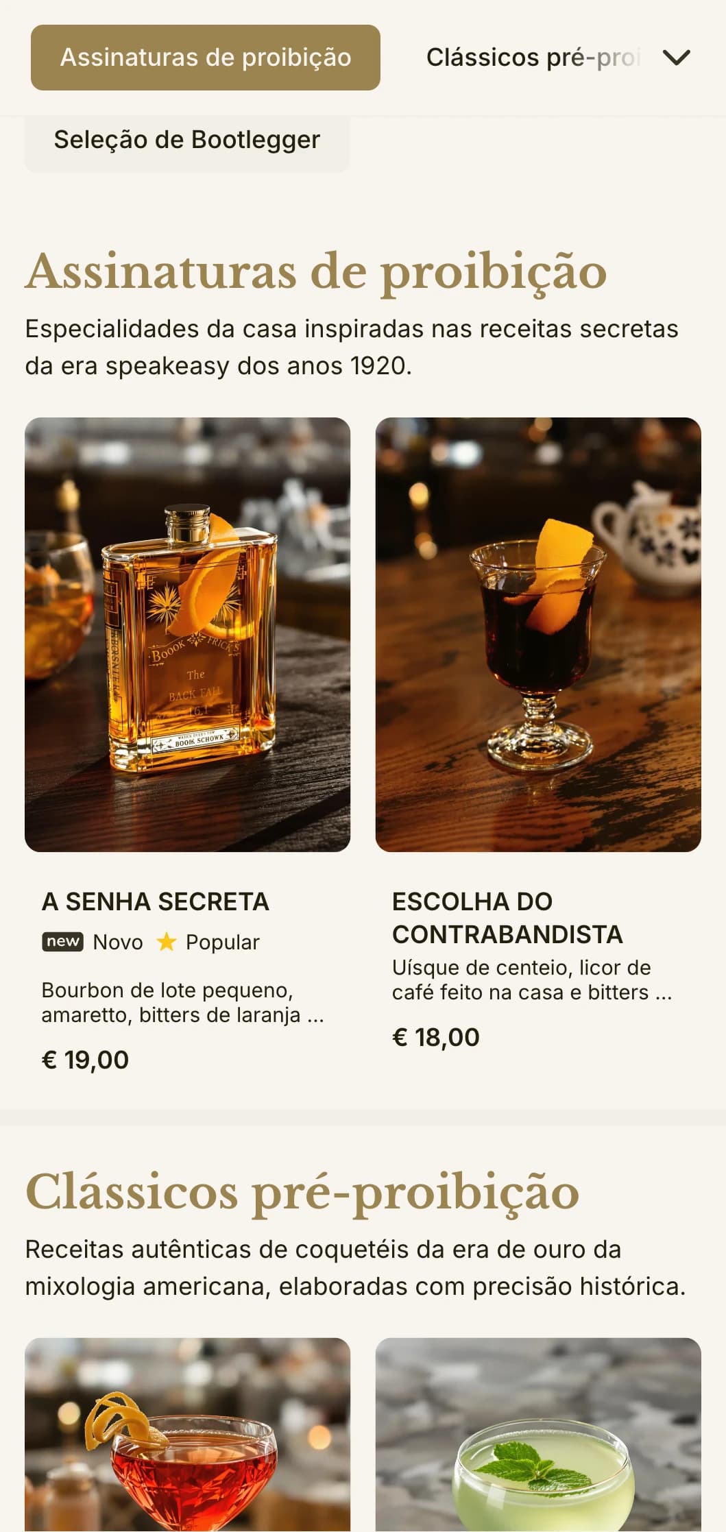 Um design inspirado na era da proibição para bares com tema de speakeasy, com tipografia vintage e detalhes sutis em dourado.