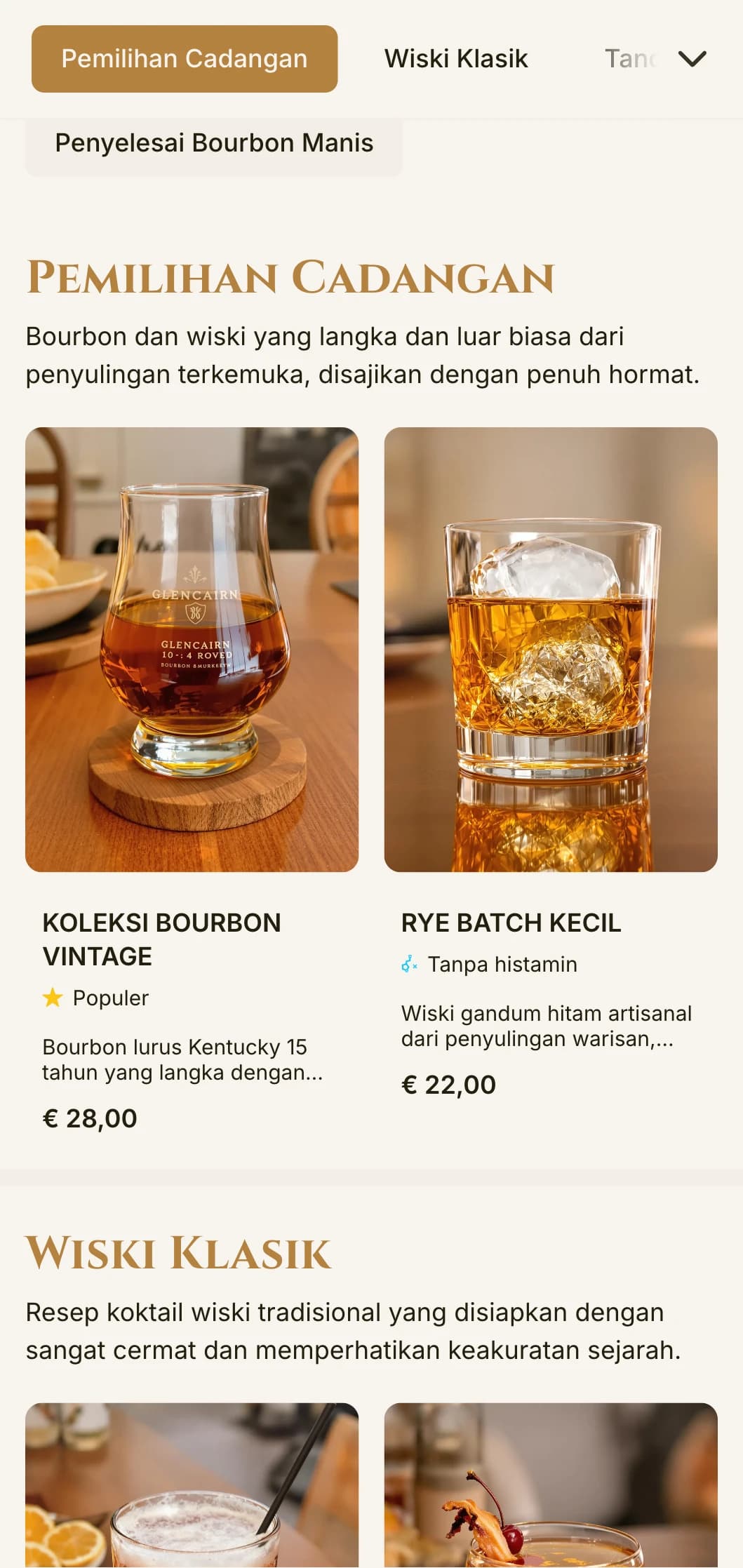 Desain yang elegan dan halus untuk bar bourbon dan lounge wiski yang menampilkan tipografi vintage dan aksen kuning yang hangat.