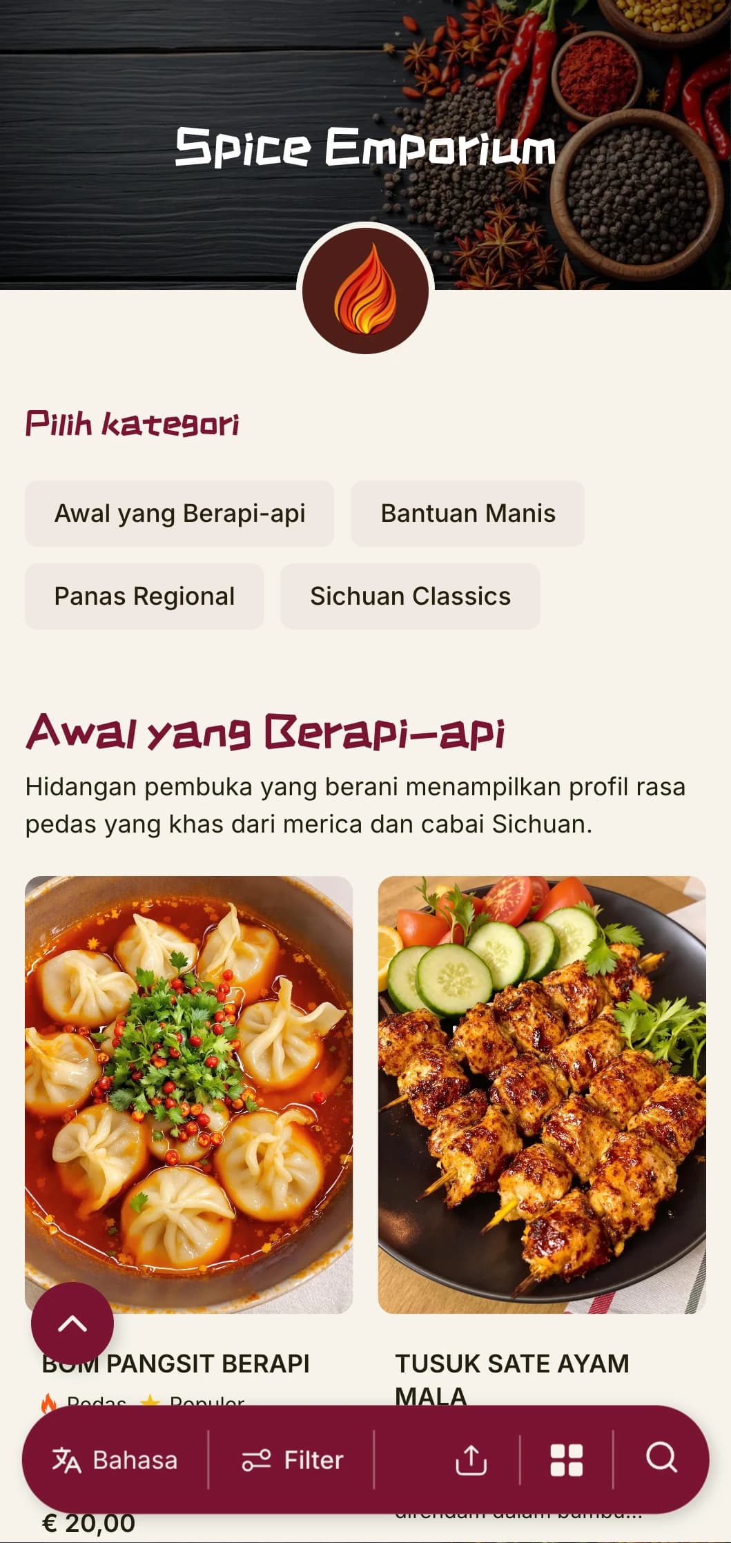 Desain menu khas Tiongkok yang terinspirasi dari tradisi rempah-rempah Sichuan dan Hunan, dengan warna-warna berani untuk hidangan daerah yang otentik.