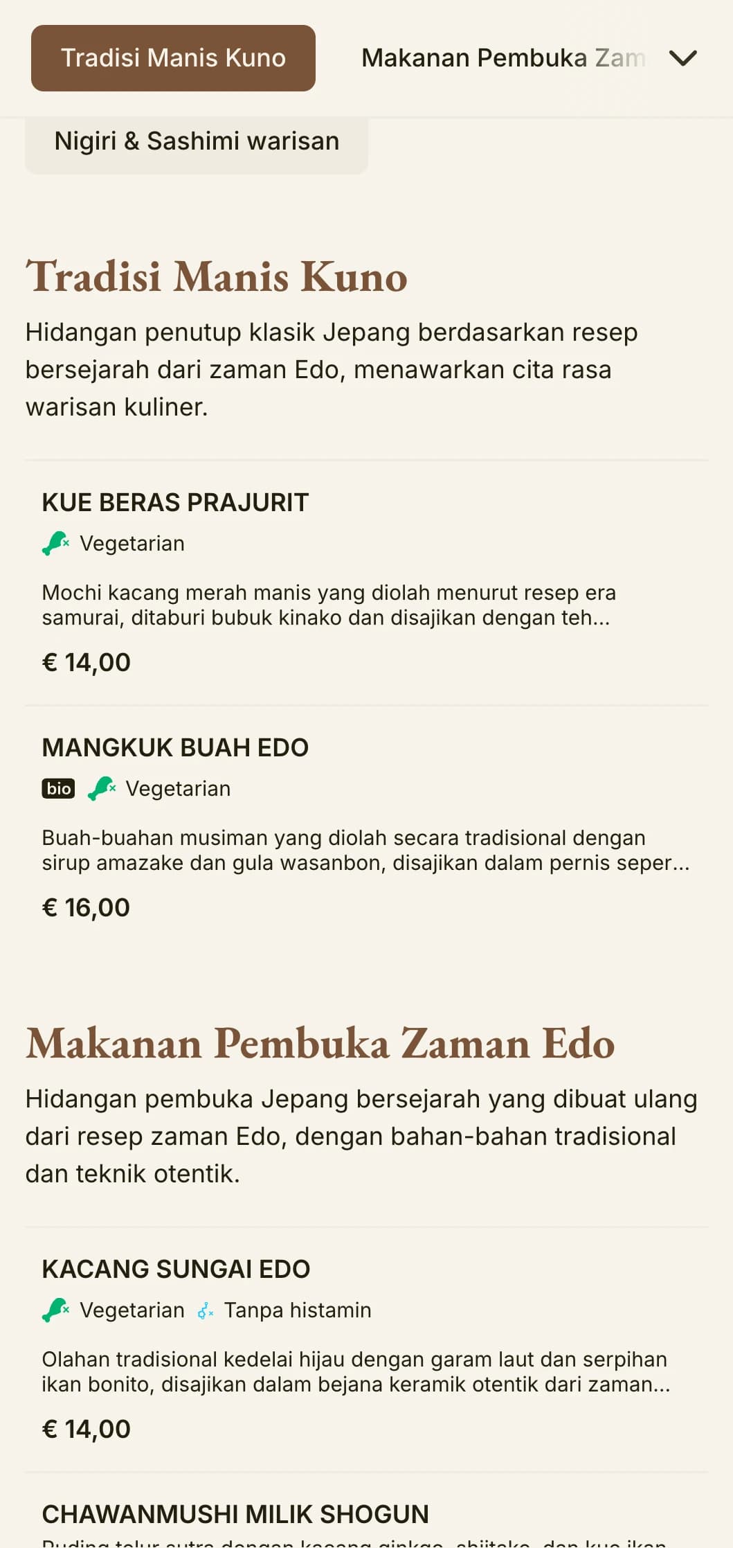 Menu sushi yang terinspirasi dari sejarah Jepang yang menampilkan estetika tradisional zaman Edo dengan tipografi klasik.
