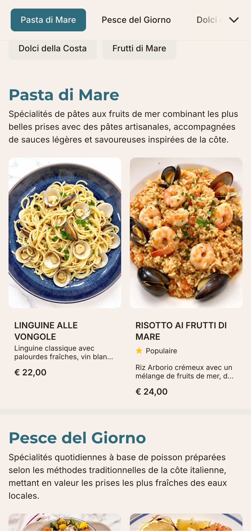 Design d'inspiration méditerranéenne avec des bleus de mer, une typographie claire et des mises en page aérées pour des établissements de fruits de mer italiens.
