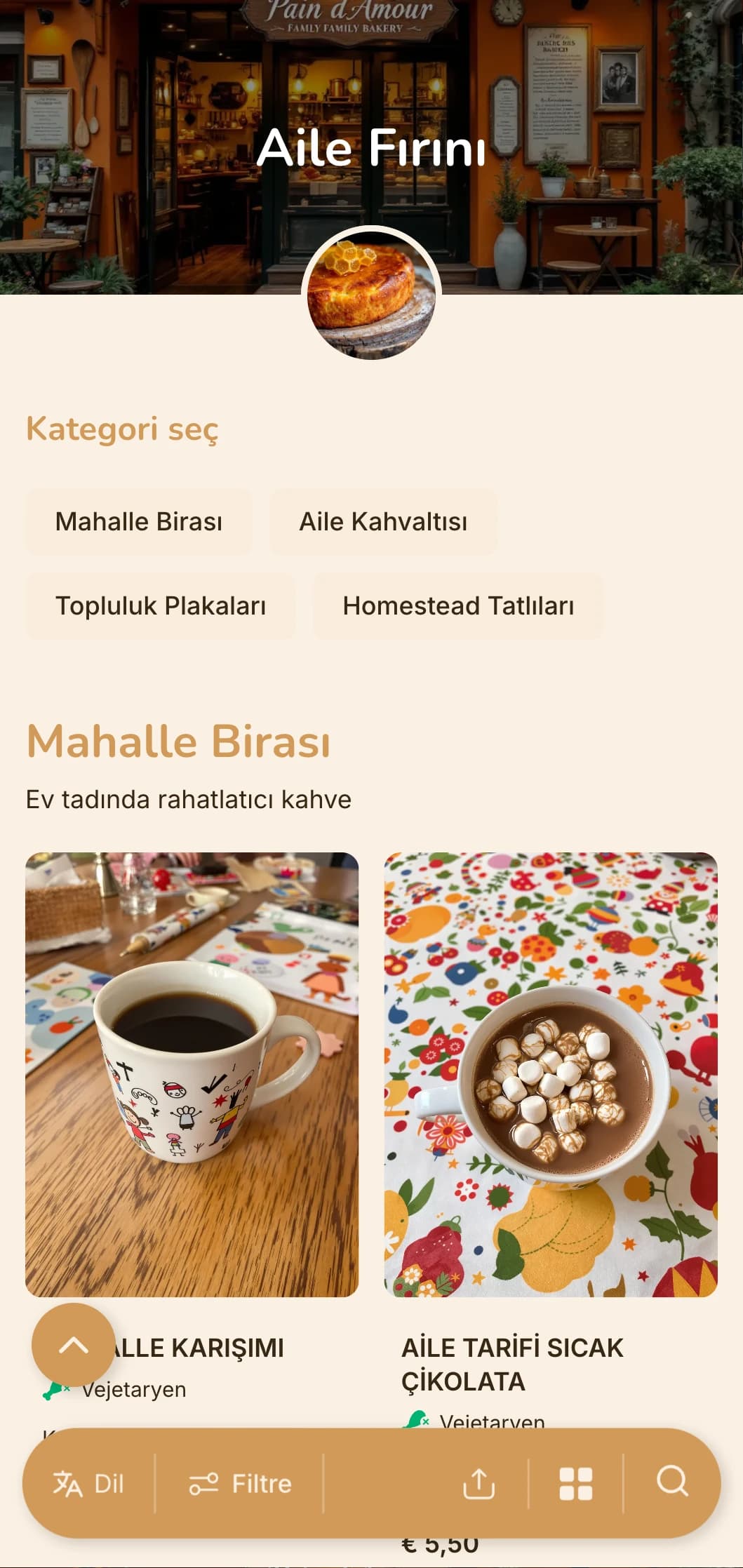 Aile tarafından işletilen fırınlar ve mahalle kafeleri için ev sıcaklığında unsurlar içeren sıcak turuncu tasarım.