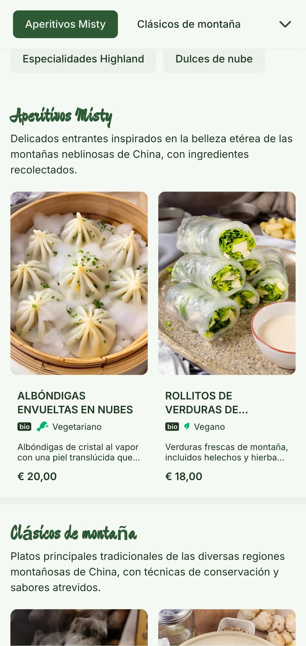 Sereno diseño chino de menús inspirado en paisajes de montaña y estética brumosa para restaurantes centrados en la cocina regional.