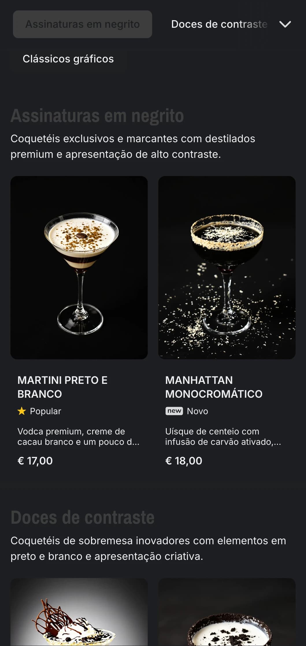 Um design elegante, em preto e branco, para bares de coquetéis contemporâneos, com forte contraste e tipografia minimalista.