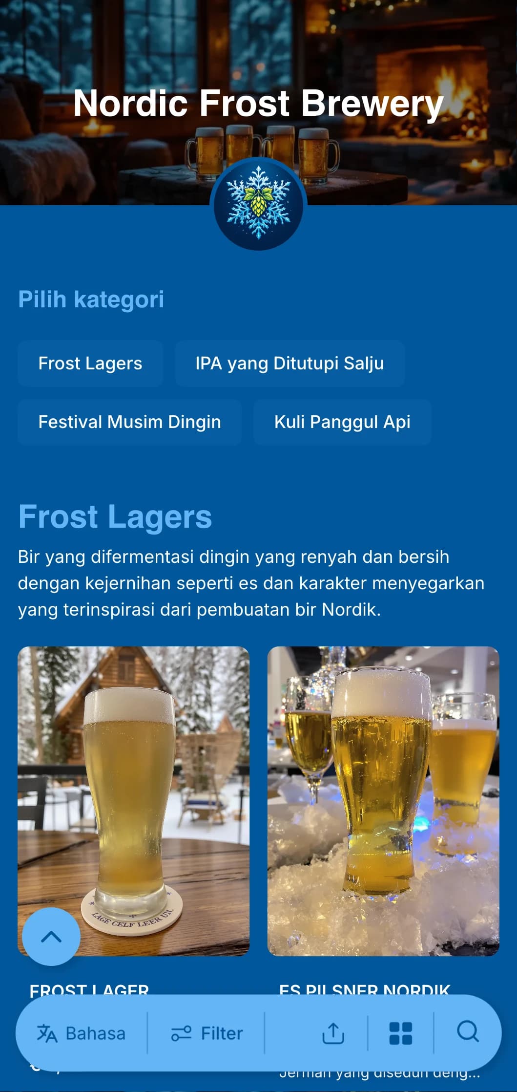 Desain bertema musim dingin yang sejuk dan segar dengan warna biru es dan aksen kepingan salju, ideal untuk menu bir musim dingin.