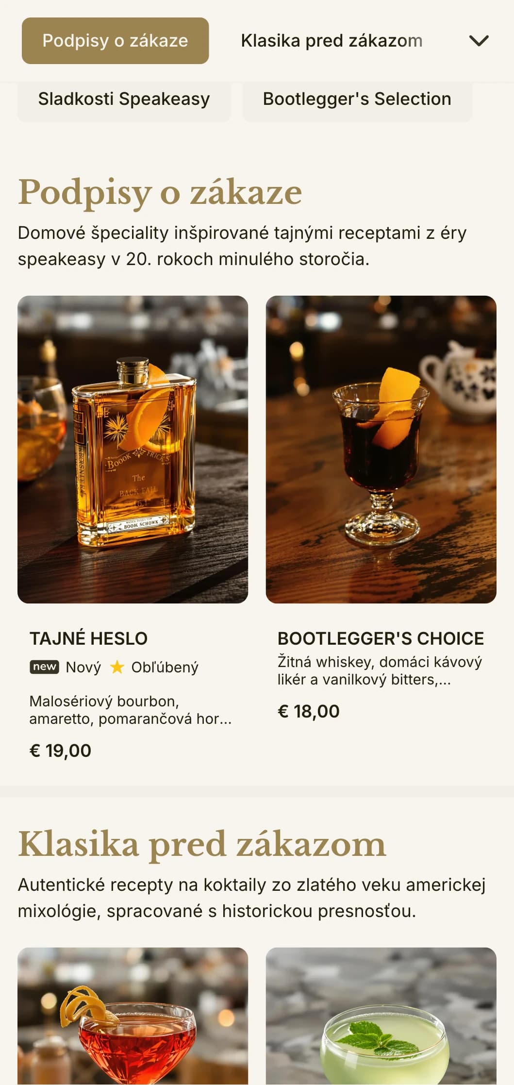 Dizajn inšpirovaný obdobím prohibície pre bary s tematikou speakeasy, s dobovou typografiou a jemnými zlatými akcentmi.