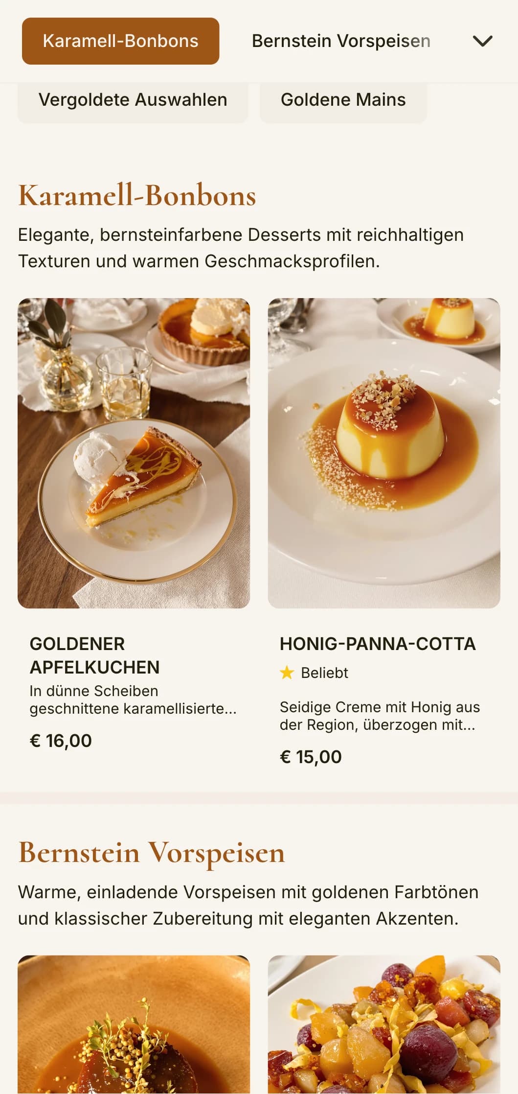 Ein warmes, bernsteinfarbenes Abendmenü mit klassischen Designelementen, das sich perfekt für Lokale eignet, in denen die goldene Stunde schlägt.