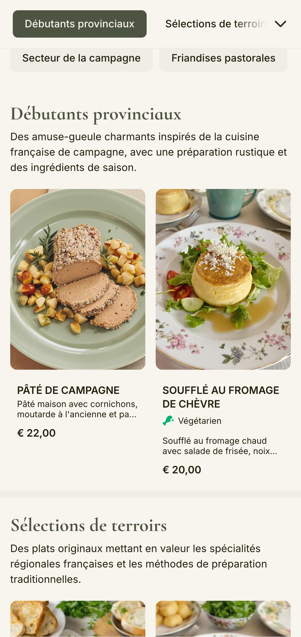 Un menu charmant inspiré de l'esthétique de la campagne française, avec des tons vert sauge et une élégance rustique.