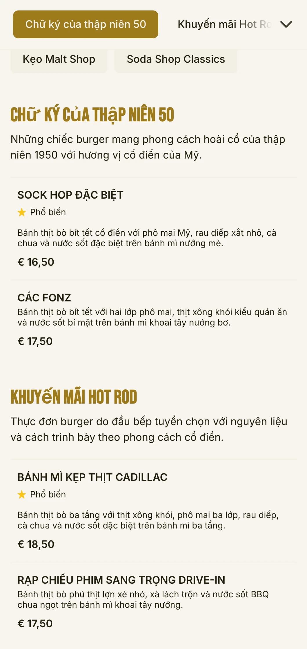Cửa hàng bánh mì kẹp thịt lấy cảm hứng từ những năm 1950 với họa tiết bàn cờ và các yếu tố cửa hàng soda gợi nhớ đến thời xa xưa.