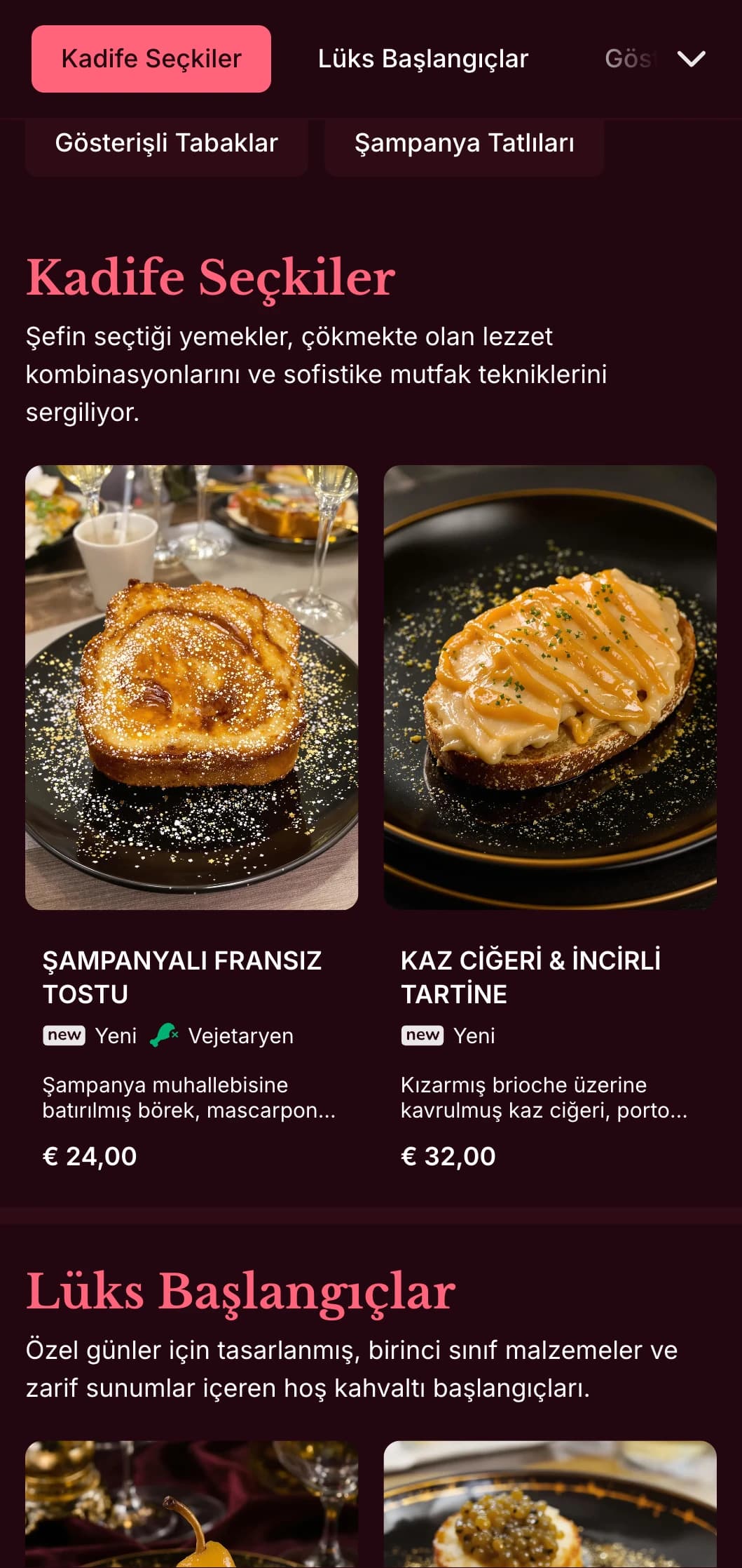 Kokteyl eşleştirmeleri ile lüks hafta sonu brunchları için tasarlanmış, derin renklere sahip zengin, lüks brunch şablonu.