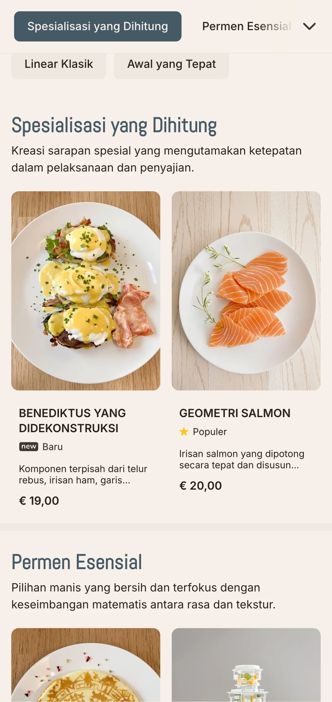 Pilihan sarapan yang bersih dan tertata rapi dengan presentasi minimalis dan rasa yang seimbang.