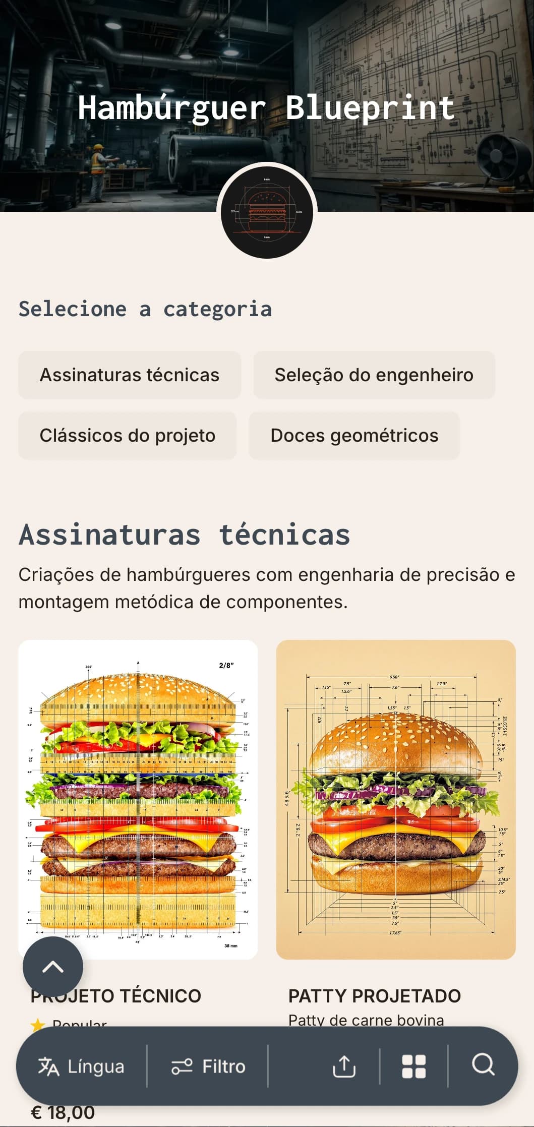 Desenho técnico inspirado no conceito de hambúrguer com precisão e elementos arquitetônicos.
