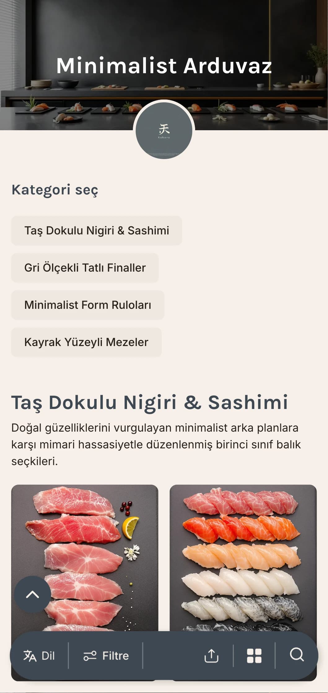 Lüks gündelik mekanlar için arduvaz grisi tonları ve minimalist tasarımıyla sade, çağdaş suşi menüsü.