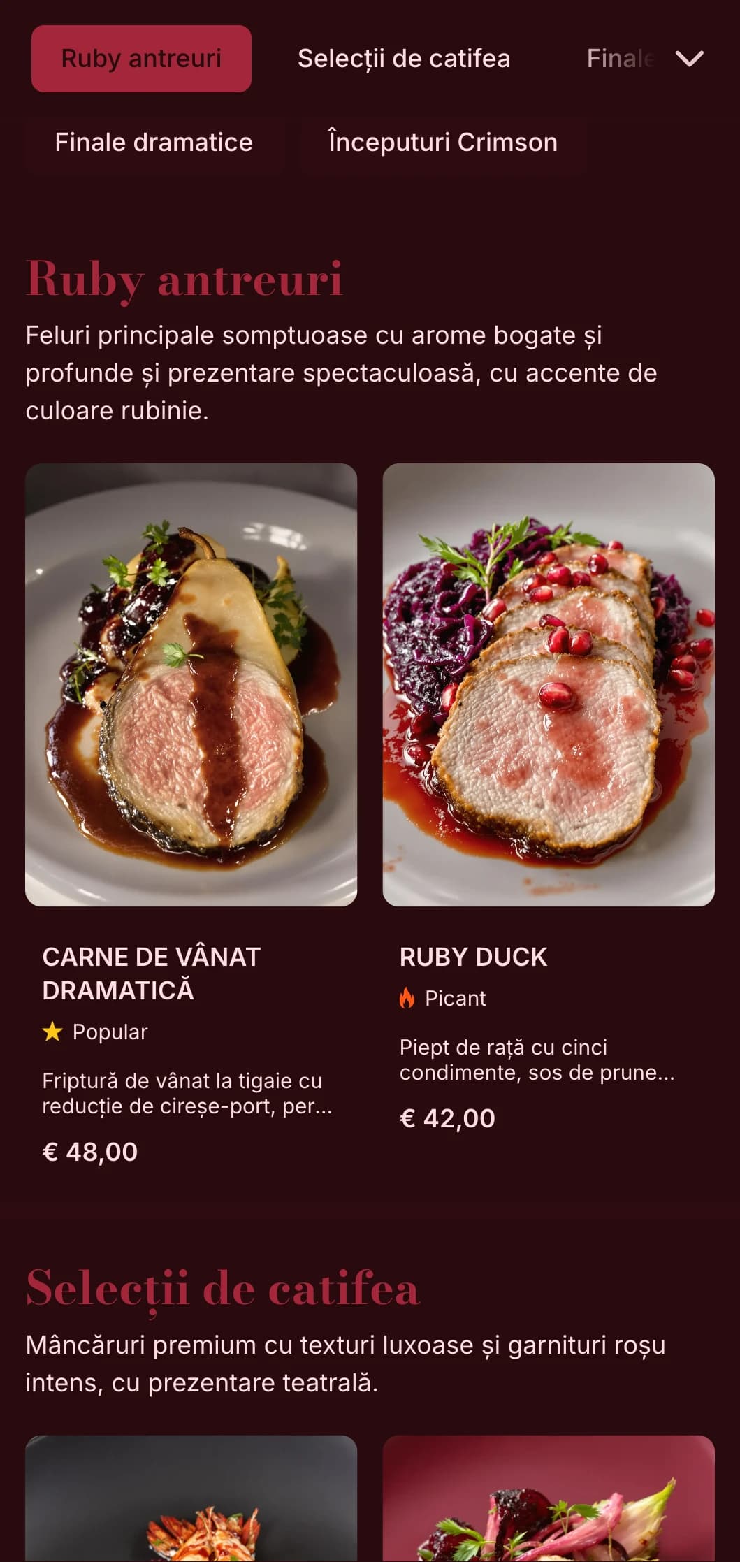 Concept bogat, dramatic, cu tonuri de roșu intens și texturi opulente care creează o experiență culinară teatrală.