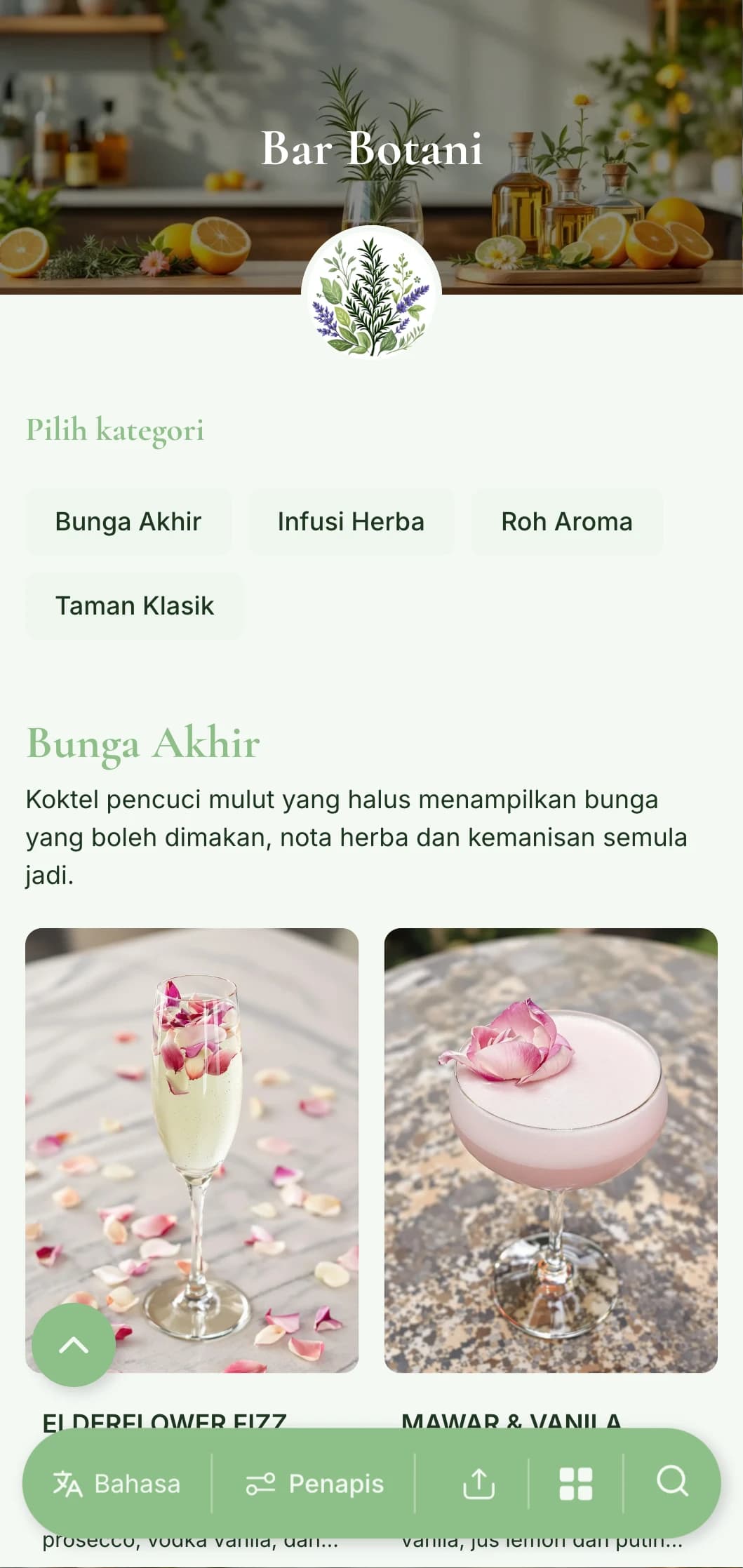 Reka bentuk menu segar yang diilhamkan oleh taman untuk bar yang mengkhusus dalam koktel yang diselitkan herba dan botani.
