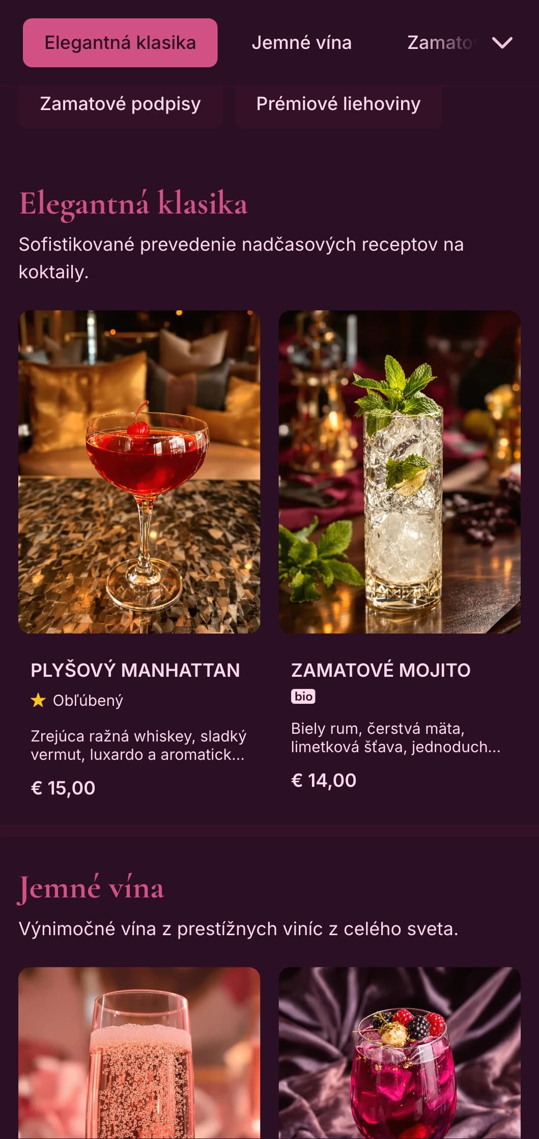 Bohatý bordový dizajn s plyšovými textúrami pre sofistikované koktailové salóniky.