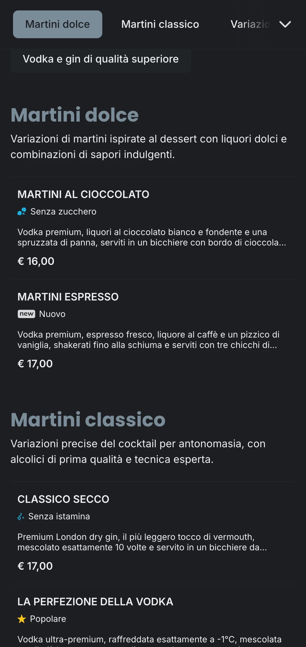 Un design di menu sofisticato e urbano per martini bar e lounge con una tipografia elegante e toni grigi freddi.