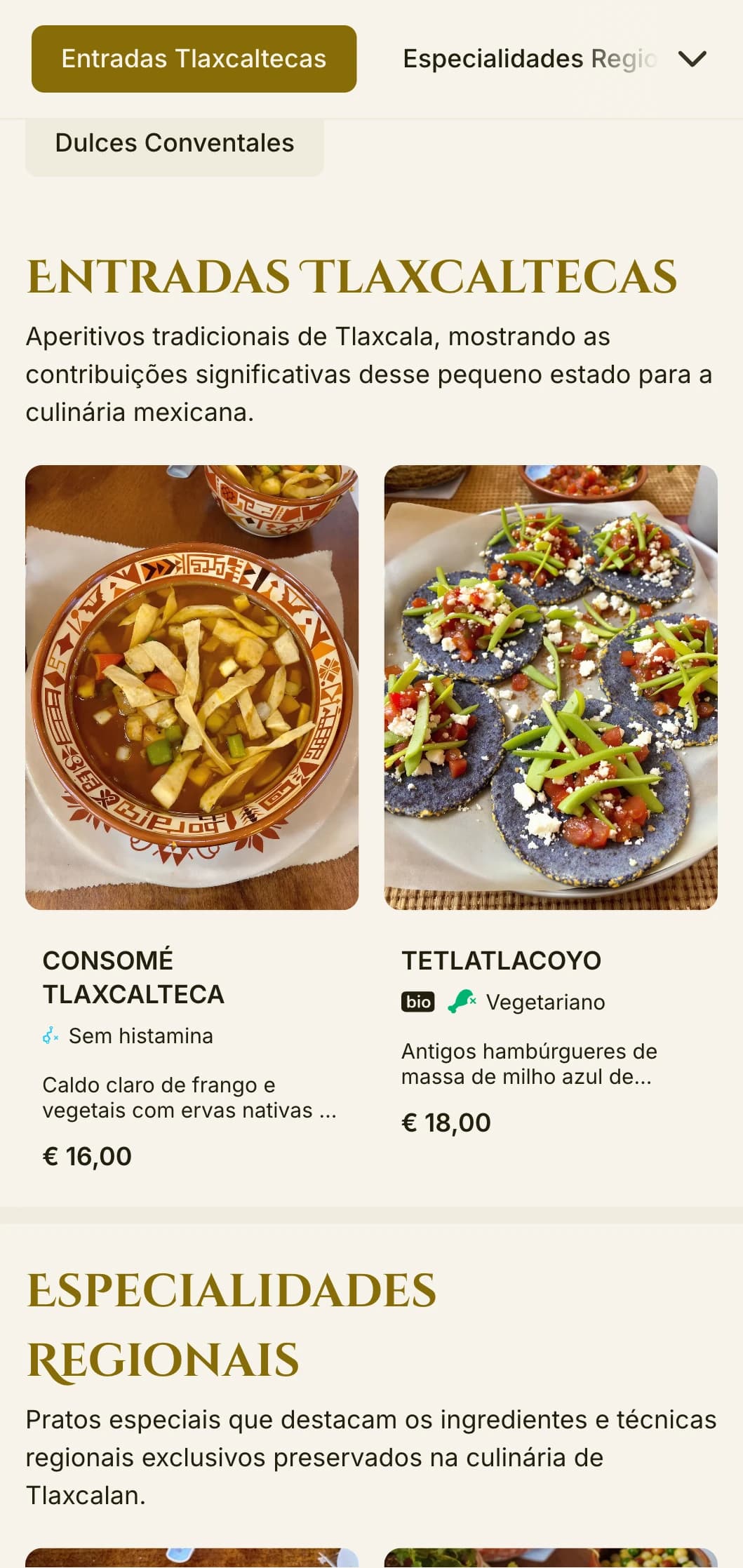 Menu elegante e histórico que celebra as tradições culinárias de Tlaxcala, com detalhes em ouro, influências pré-hispânicas e especialidades regionais.