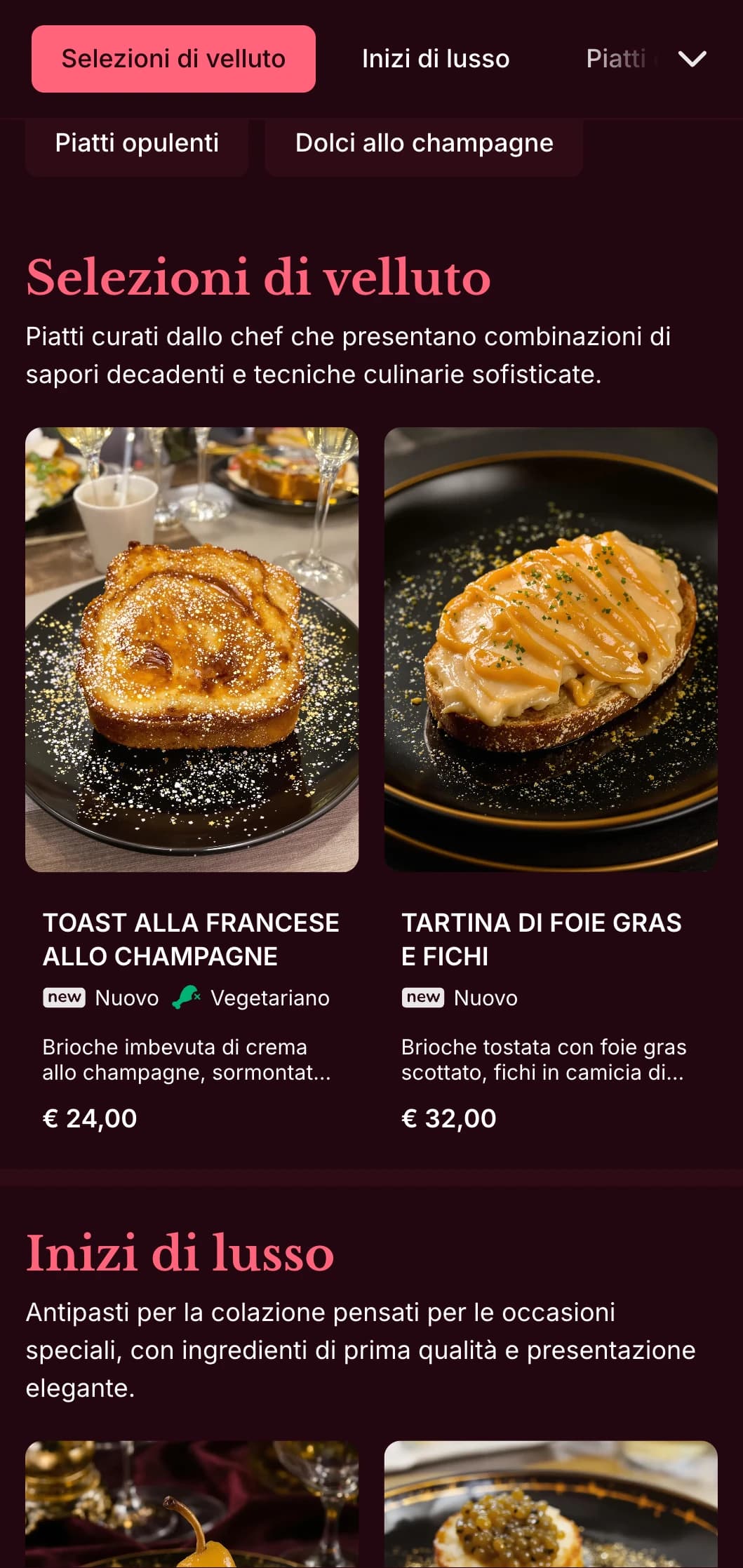 Modello per brunch ricco e lussuoso con colori intensi, progettato per brunch di fine settimana di alto livello con abbinamenti di cocktail.