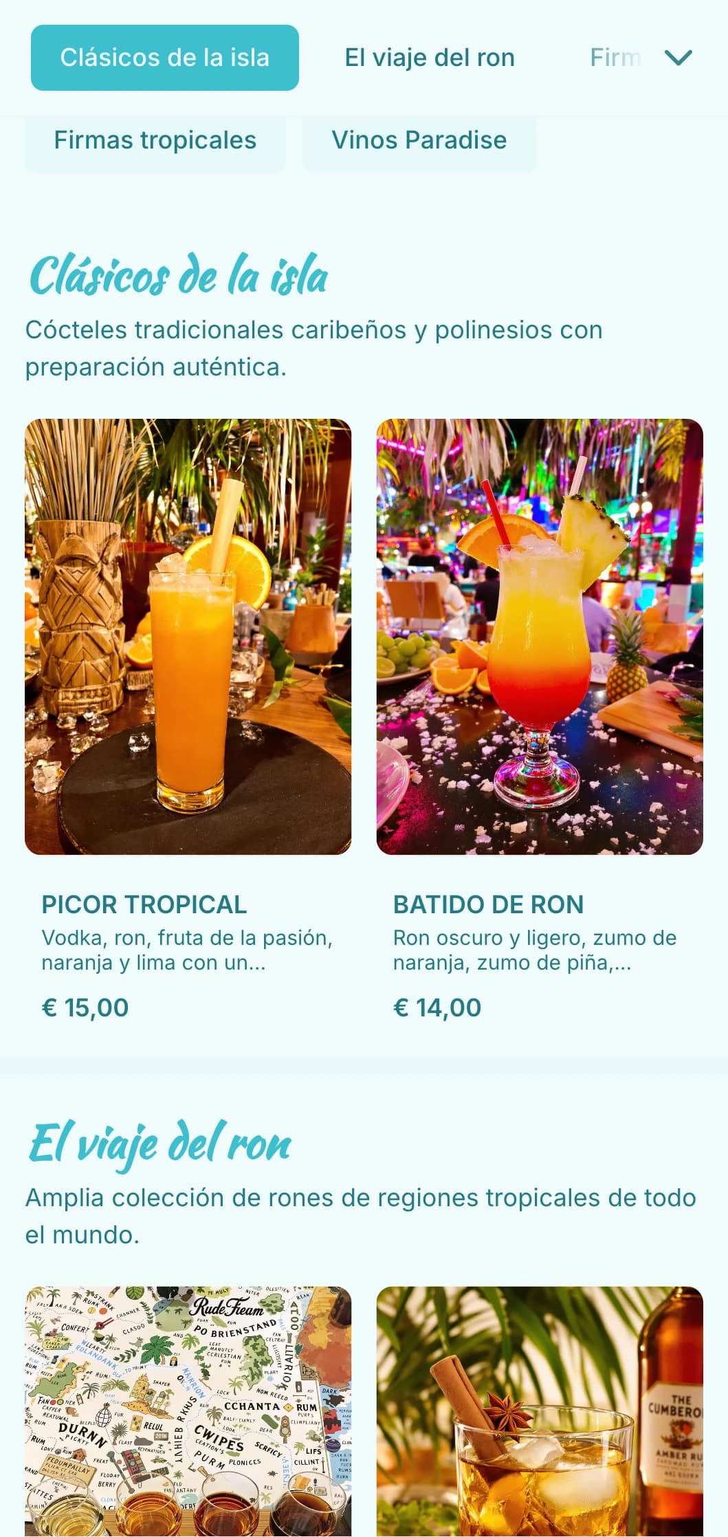 Diseño turquesa brillante con elementos tropicales para bares tiki y de ron.