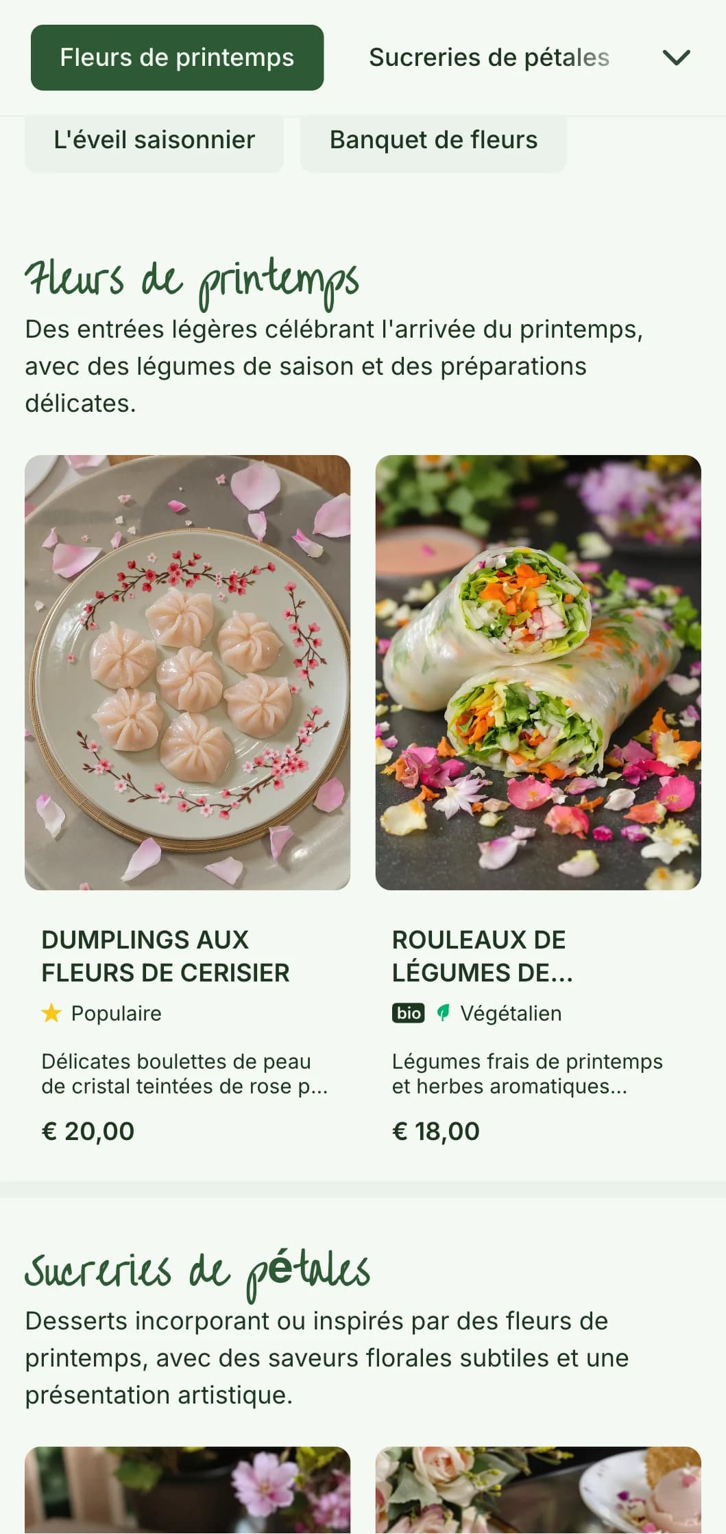 Menu chinois frais inspiré par les fleurs de cerisier et de prunier, avec des motifs délicats pour les offres saisonnières de printemps.