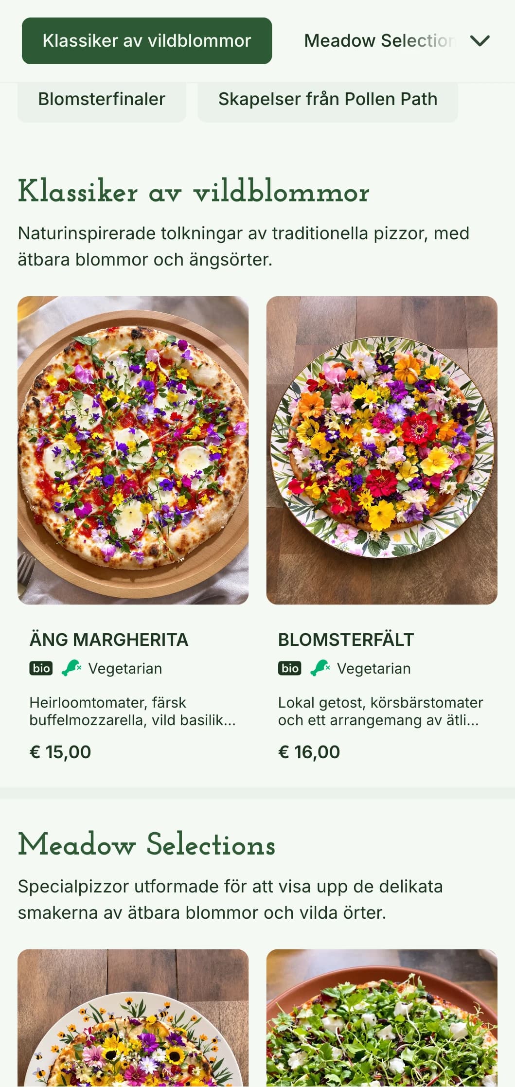Vildblomsinspirerad pizzameny med tonvikt på lokala, skördade ingredienser och naturlig presentation.