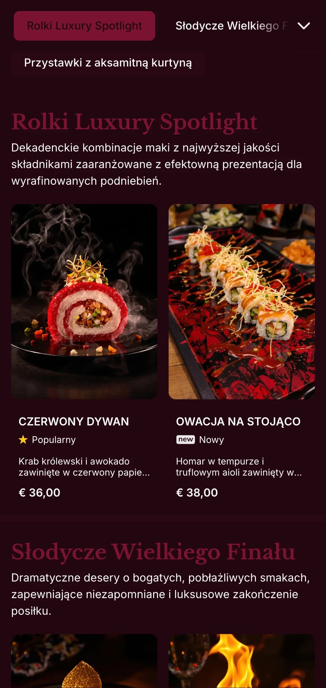 Luksusowe doświadczenie sushi z bogatymi czerwonymi aksamitnymi odcieniami i dramatycznymi elementami dla miejsc premium.