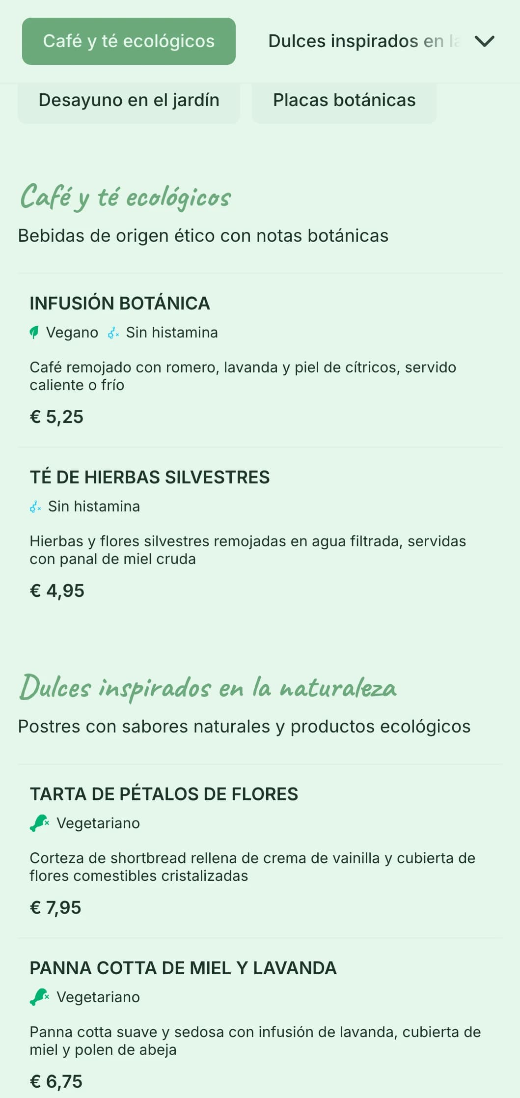 Diseño fresco de temática verde con elementos botánicos para cafeterías con jardín y lugares de brunch ecológico.