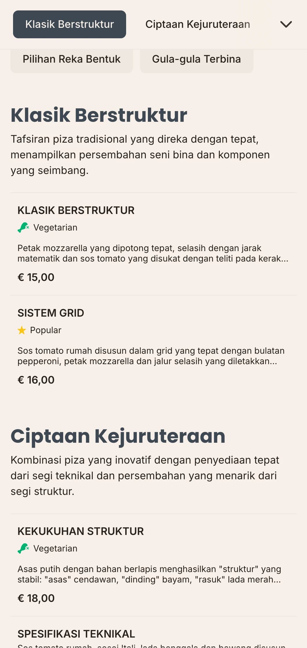 Menu piza yang diilhamkan dari segi seni bina dengan reka letak yang tepat dan estetika teknikal.
