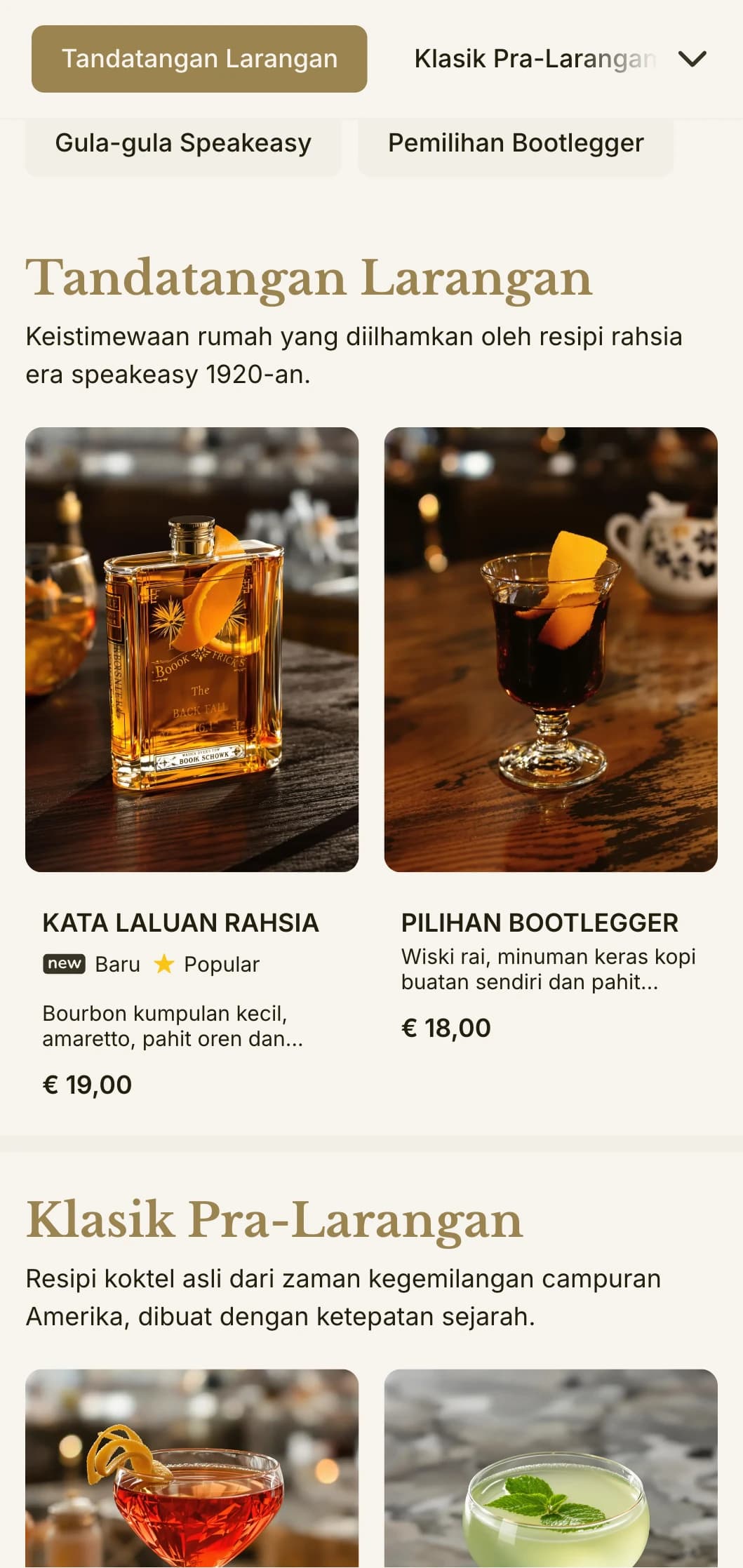 Reka bentuk inspirasi era larangan untuk bar bertema speakeasy, menampilkan tipografi vintaj dan aksen emas halus.