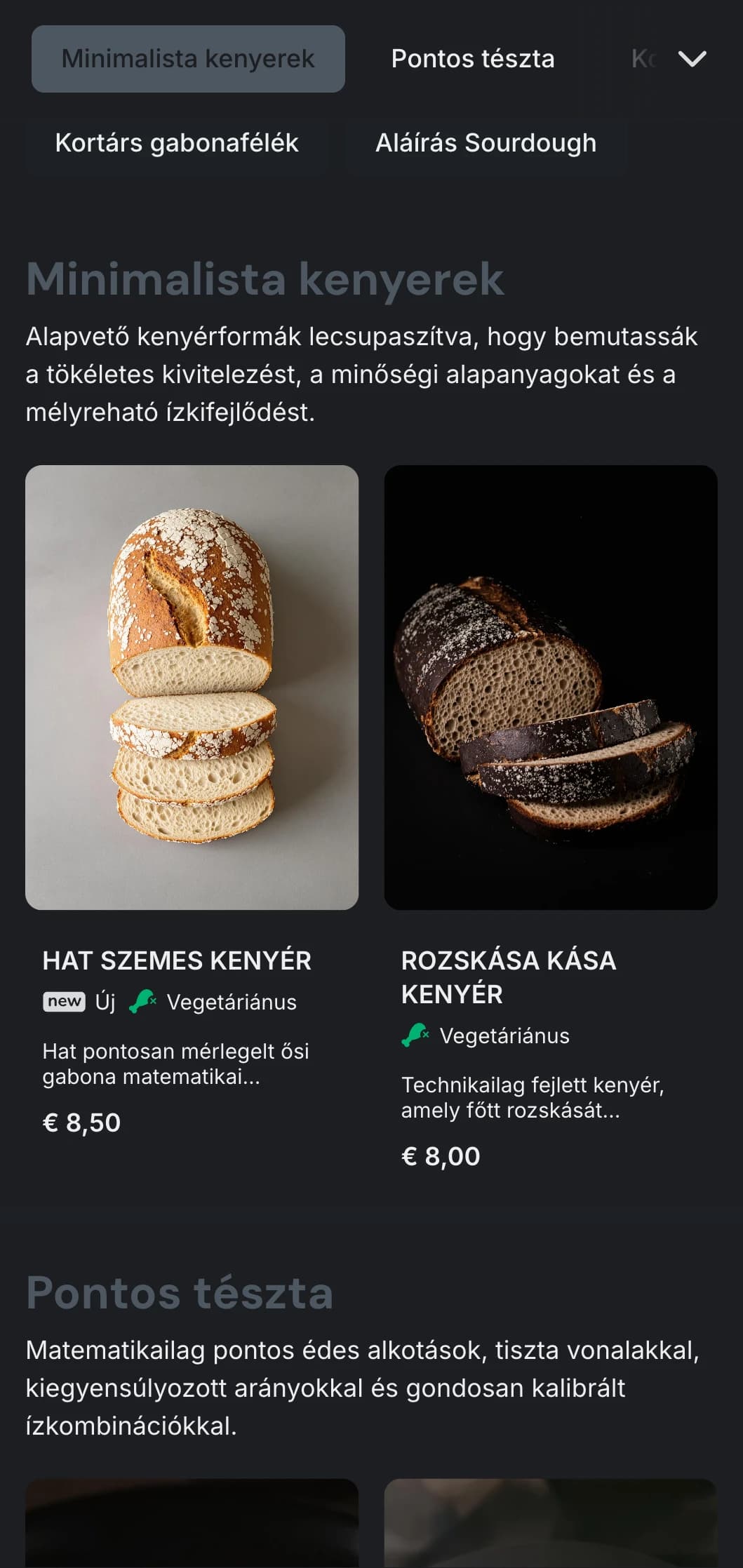 Egy szigorú, kortárs pékségi menüterv mélyszürke tónusokkal és minimalista tipográfiával, ideális a dizájnorientált kézműves pékségek számára.