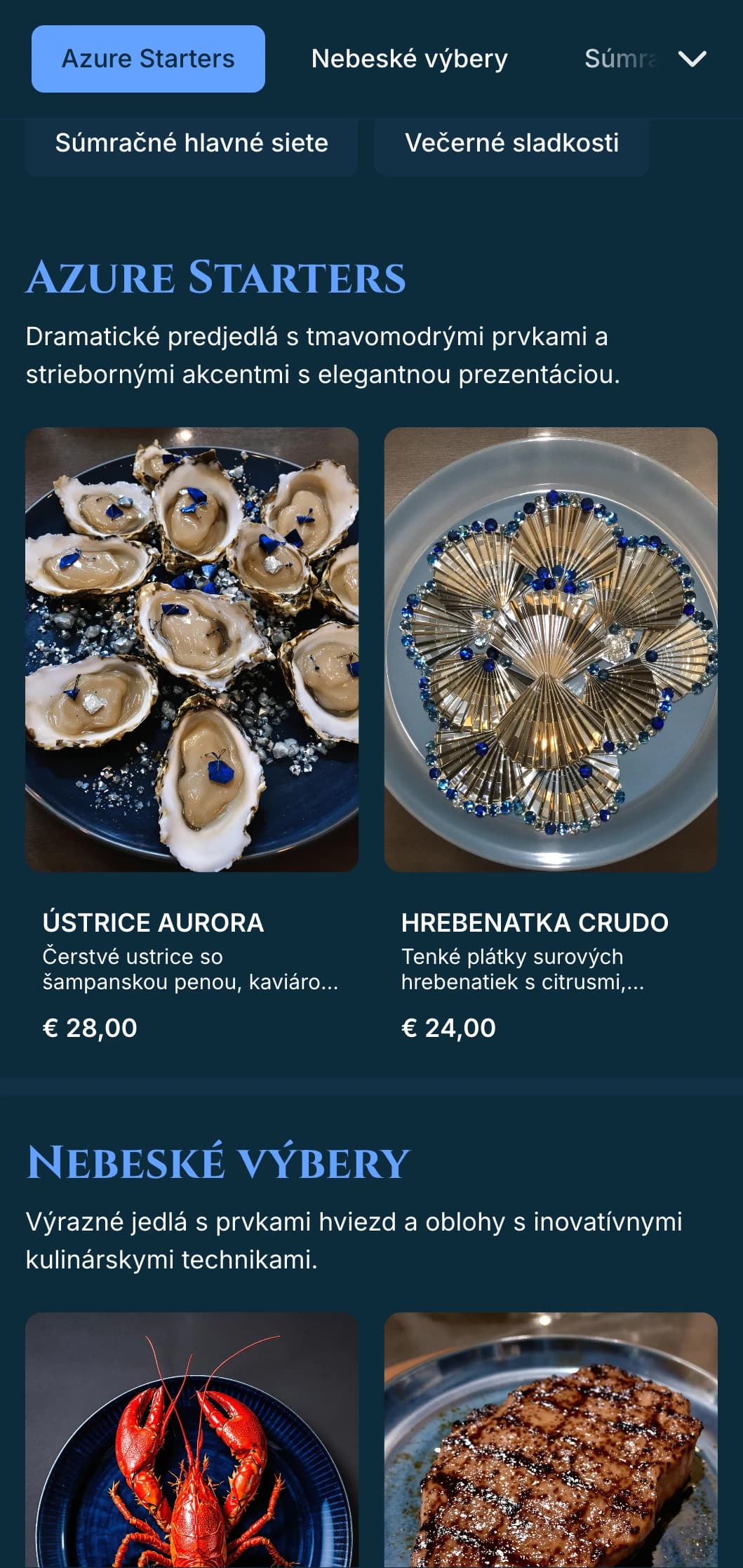 Dramatické tmavomodré večerné menu so súmračnou inšpiráciou a striebornými akcentmi, určené na sofistikované večerné stolovanie.