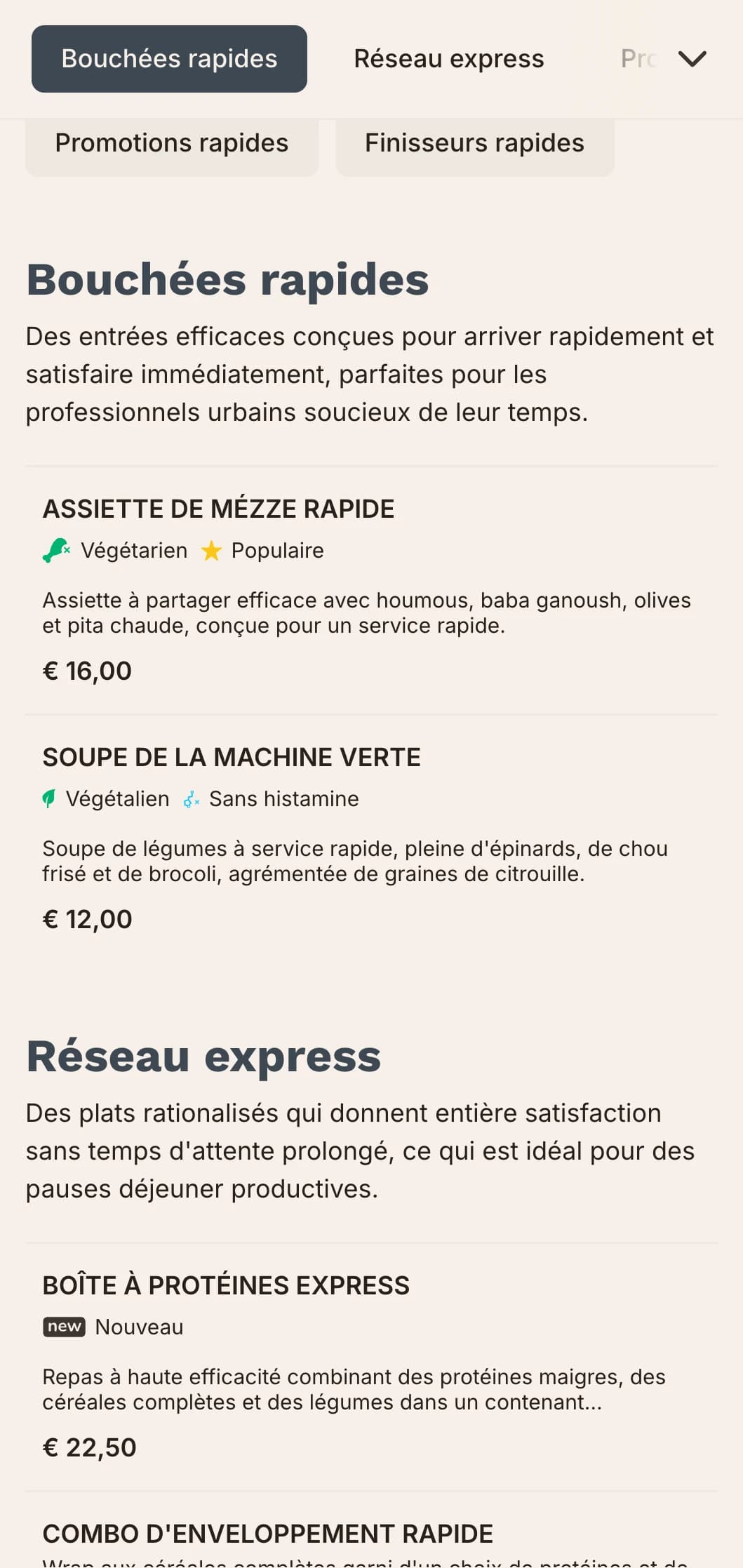 Un menu efficace, d'inspiration urbaine, avec une typographie audacieuse et une organisation claire, idéal pour les restaurants urbains très fréquentés qui servent des professionnels disposant d'un temps de déjeuner limité.