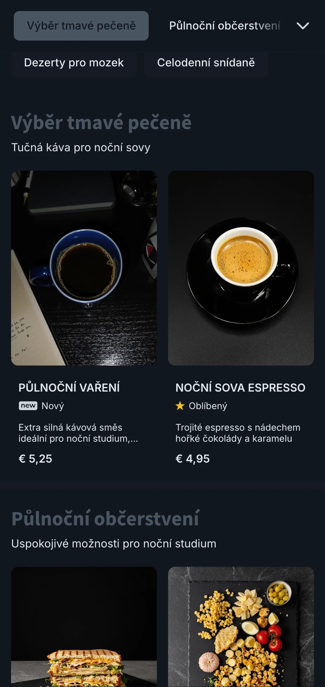 Tmavě modré a šedé tóny pro noční studijní kavárny a kavárny s nepřetržitým provozem.
