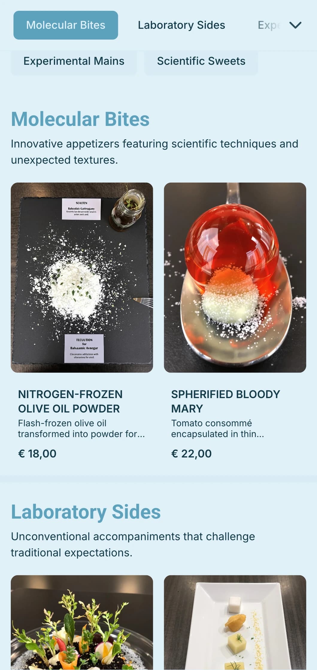 Innovative molecular gastronomy catering featuring scientific techniques, unusual textures, and dramatic presentation for cutting-edge events.