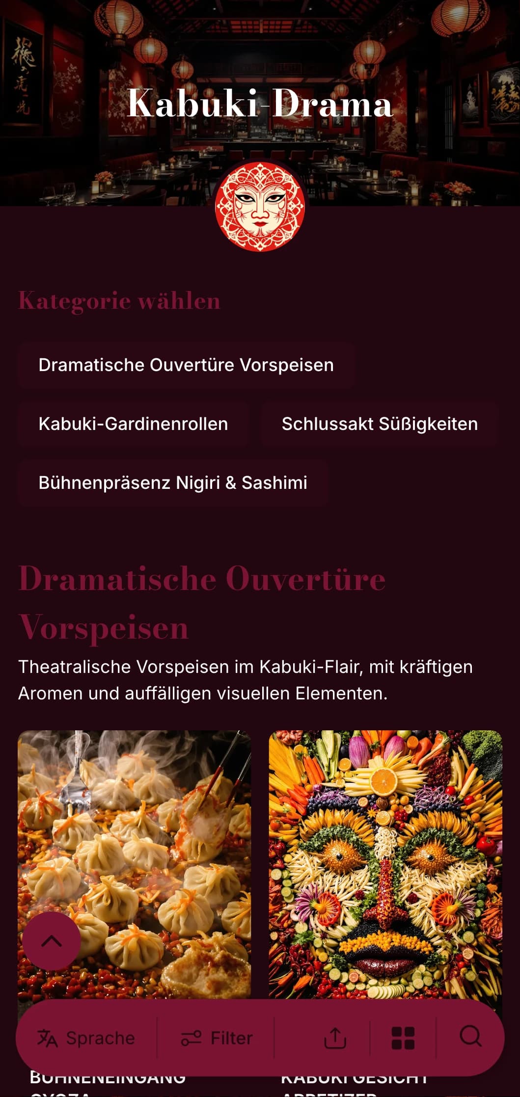 Theatralisches Sushi-Menü, inspiriert vom traditionellen Kabuki, mit dramatischen Rot-Schwarz-Kontrasten.