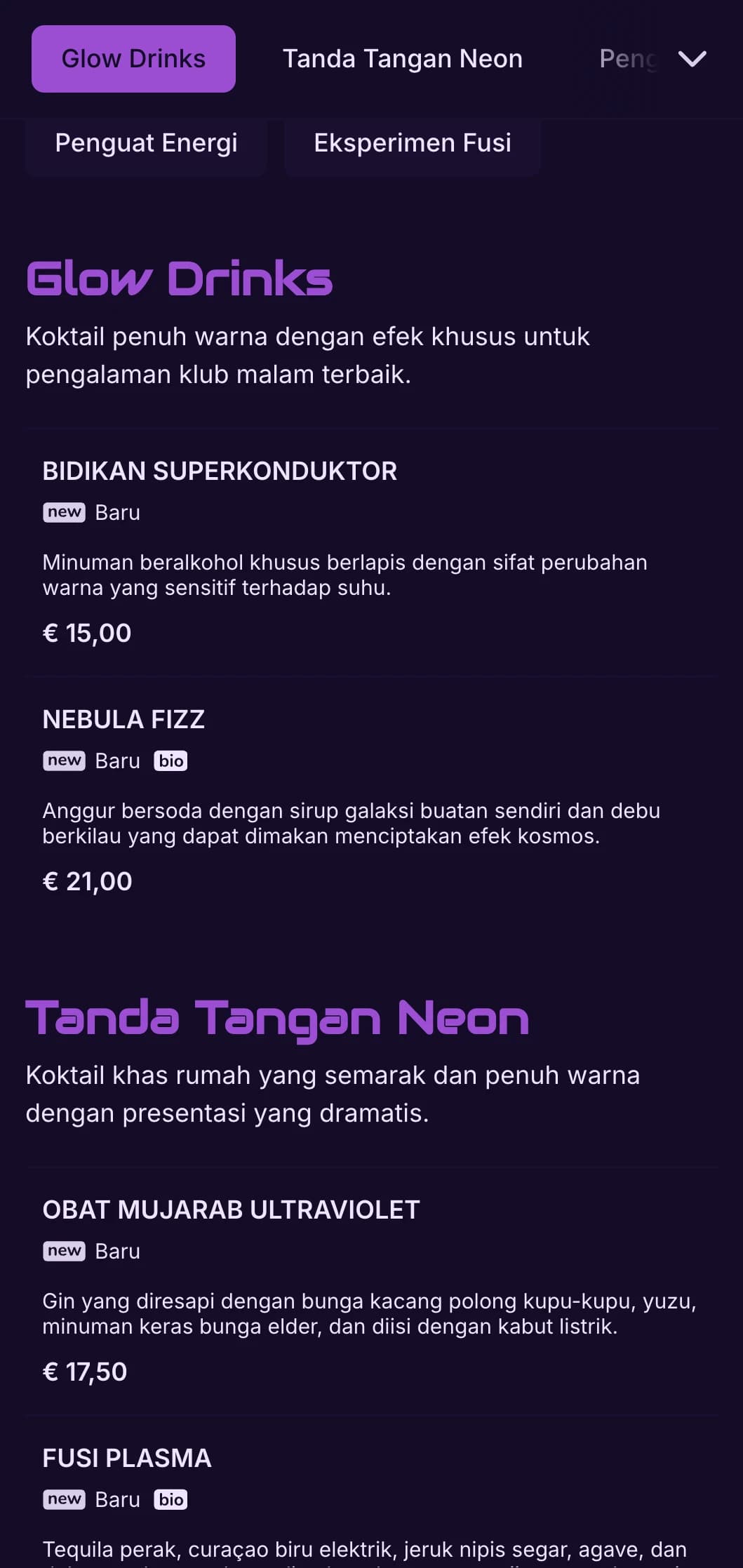 Desain ungu dan hitam yang sangat kontras dengan elemen neon untuk bar koktail kontemporer.