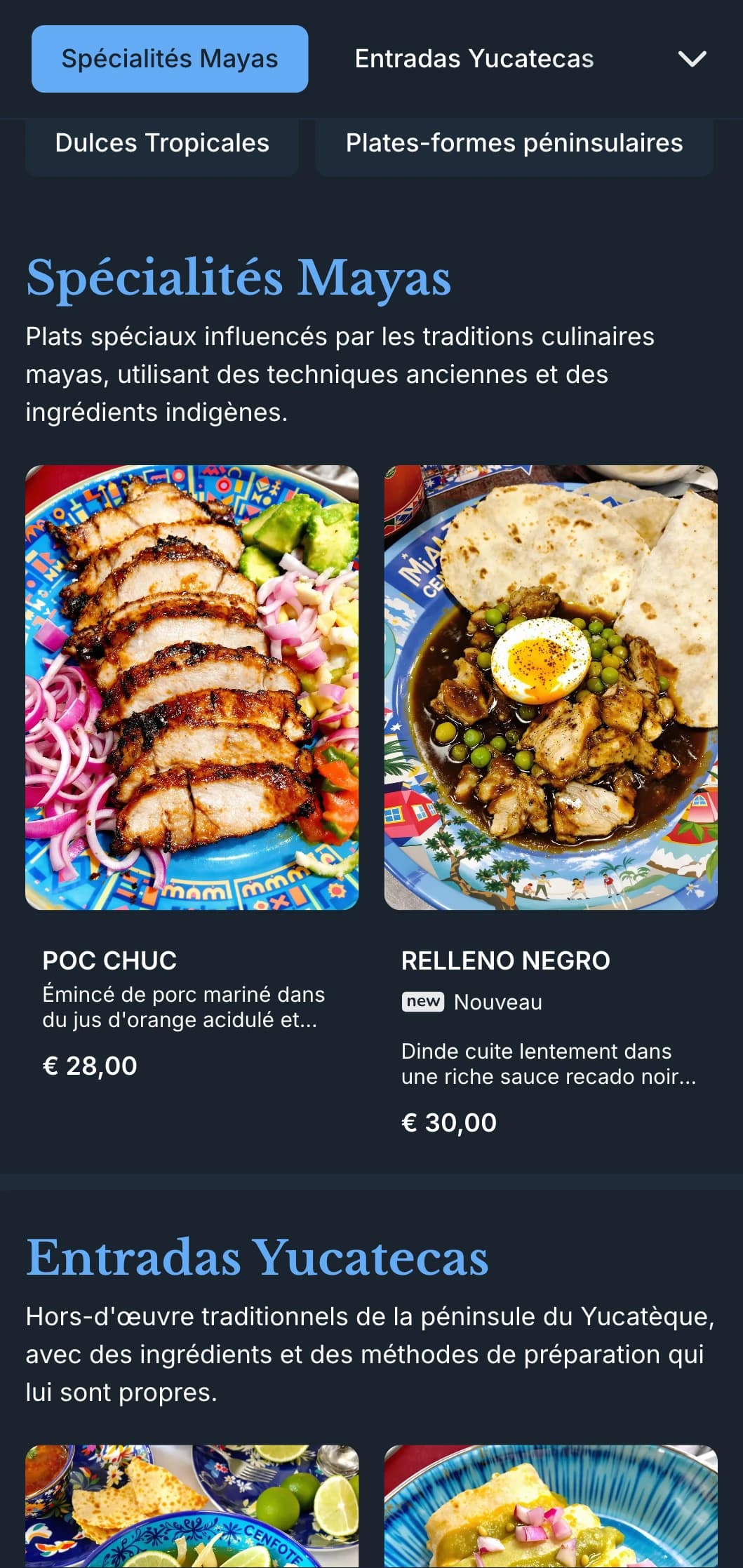 Menu élégant et dynamique mettant en valeur la cuisine yucatèque, avec des accents de cénote bleu vif, des influences mayas et des ingrédients tropicaux.
