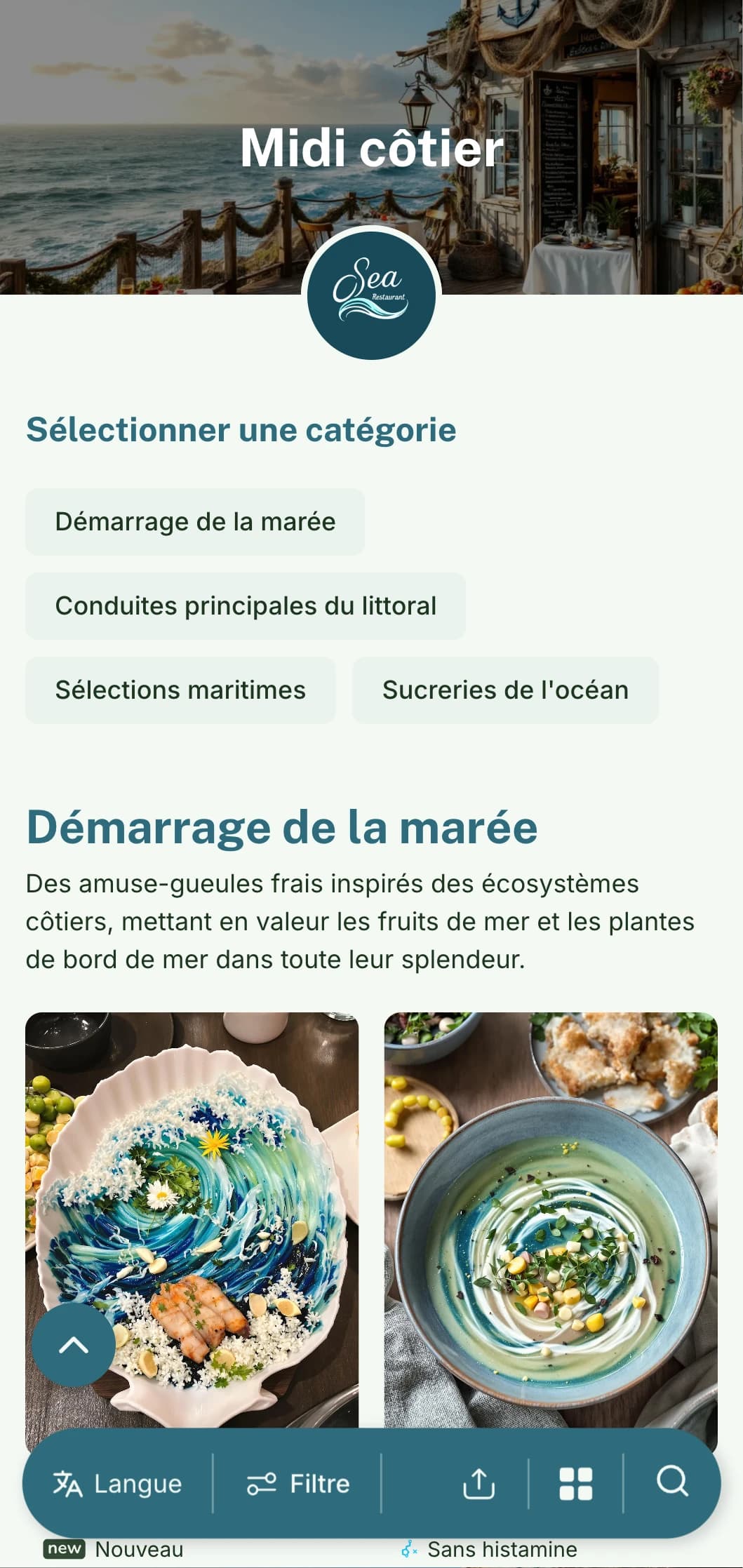 Un menu frais, d'inspiration maritime, avec des éléments côtiers et des références à l'océan, idéal pour les restaurants de bord de mer et les établissements situés au bord de l'eau.