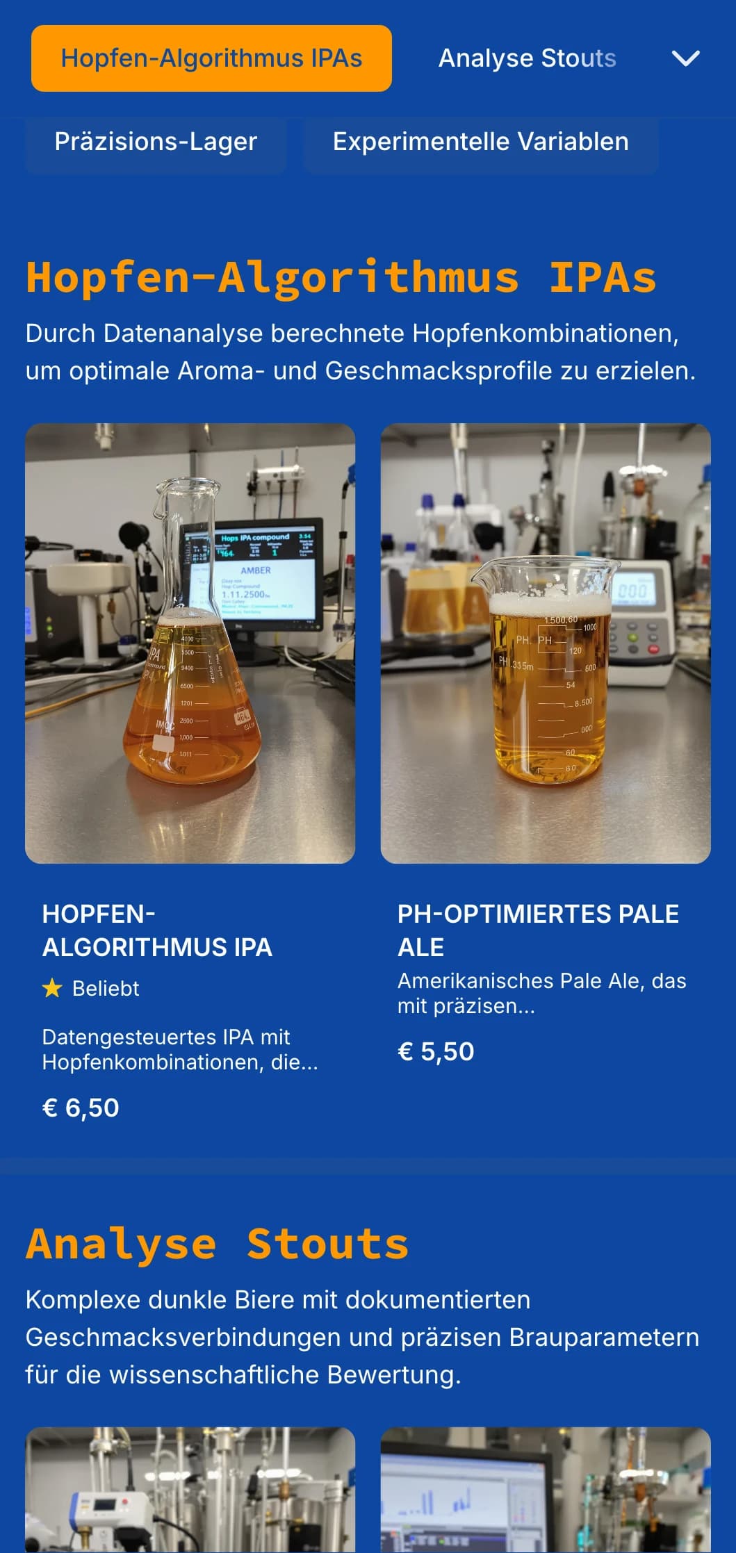 Technisches und präzises Design mit Blaupausenästhetik und Datenvisualisierungselementen, ideal für Brauereibetriebe, die wissenschaftliche Prozesse hervorheben.